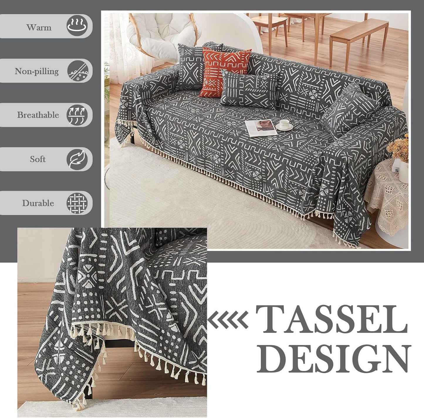 HANDONTIME Black White Boho Sofa Cover Geometric Farmhouse Tassel Couch Covers Boho Living Room Décor Dog Sofa Covers for Slipcover Aesthetic Couch Cushion Cover Couch Protector for Dogs, 71" X134"