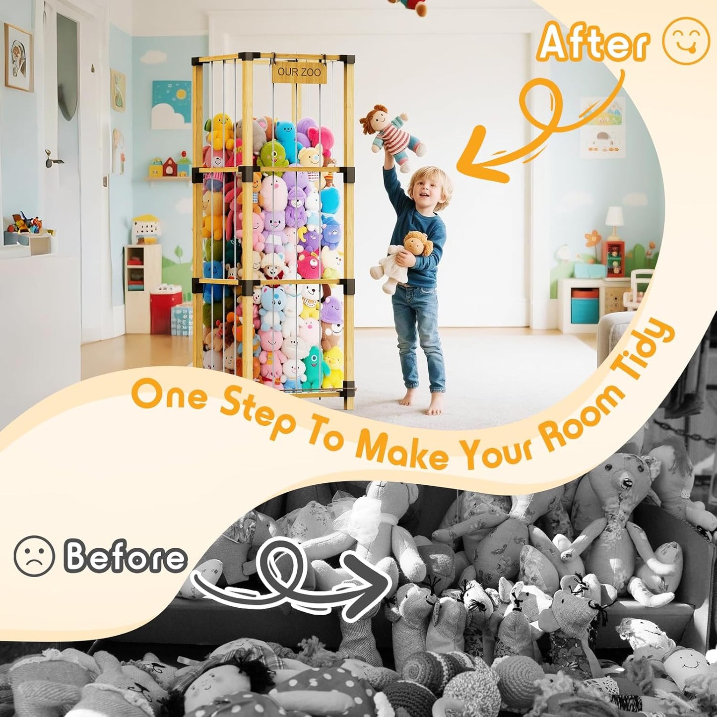 200L Stuffed Animal Zoo Storage, 3-Tier Extra Large Stuffed Animal Holder, Solid Bamboo Plushies Storage Tower with Mesh Pocket and Elastic Cords, Space Saver for Nursery Playroom Bedroom