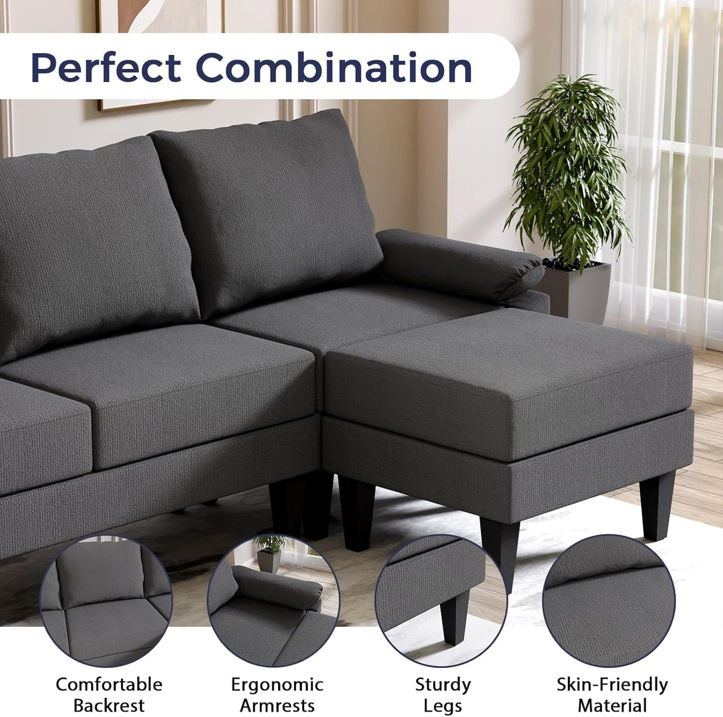 U Shaped Sectional Couch, Convertible Modular Sectional Sofa with Chaise & Ottomans, Modern 6 Seat U Shaped Couches for Living Room Apartment, Grey