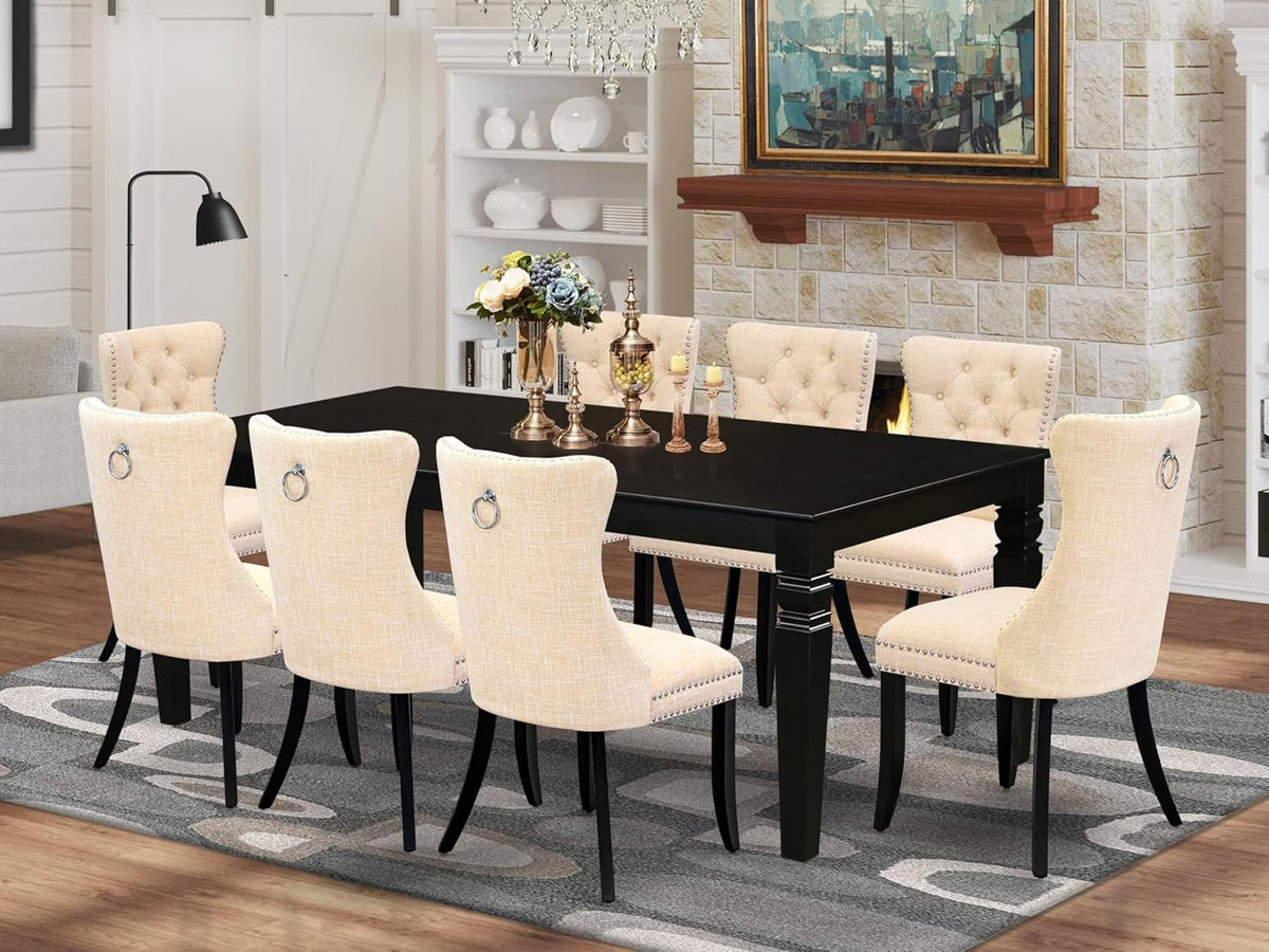 East West Furniture LGDA9-BLK-32 9 Piece Dining Room Set Includes a Rectangle Kitchen Table with Butterfly Leaf and 8 Polyester Fabric Padded Chairs, 42x84 Inch, Black