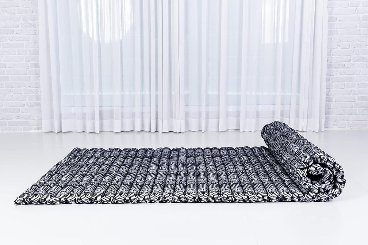 Leewadee - Kapok Roll Mat – Handcrafted Folding Sleep & Relaxation Mattress from Thailand, Ideal as Guest Bed, Camping Mat, Yoga Mat or Traditional Futon, 75 x 39 inches, Black White