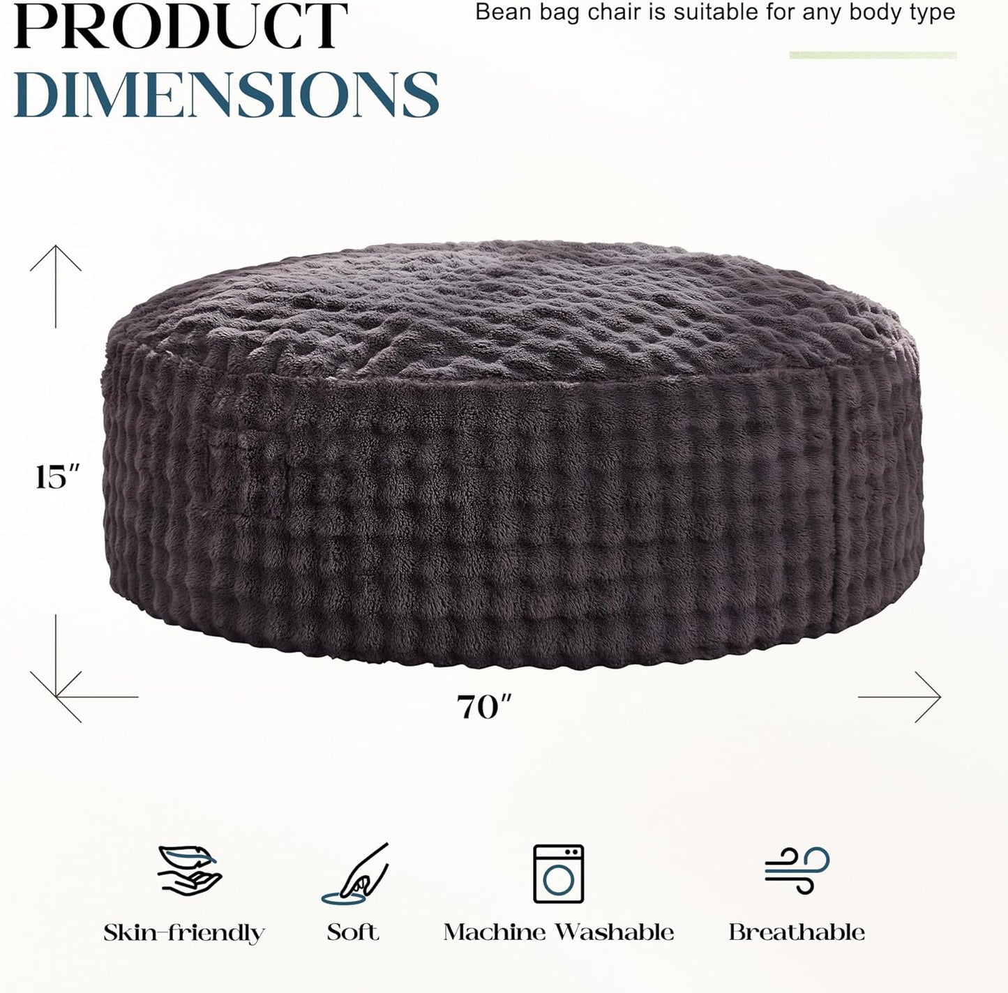 Hobestluk Bean Bag Chairs 6ft Beanbag Chair with Filler Adult Bean Bags with Fluffy & Machine Washable Cover, Giant Bean Bag Chairs for Adults (Dark Grey, 6FT-70" x 70" x 15")