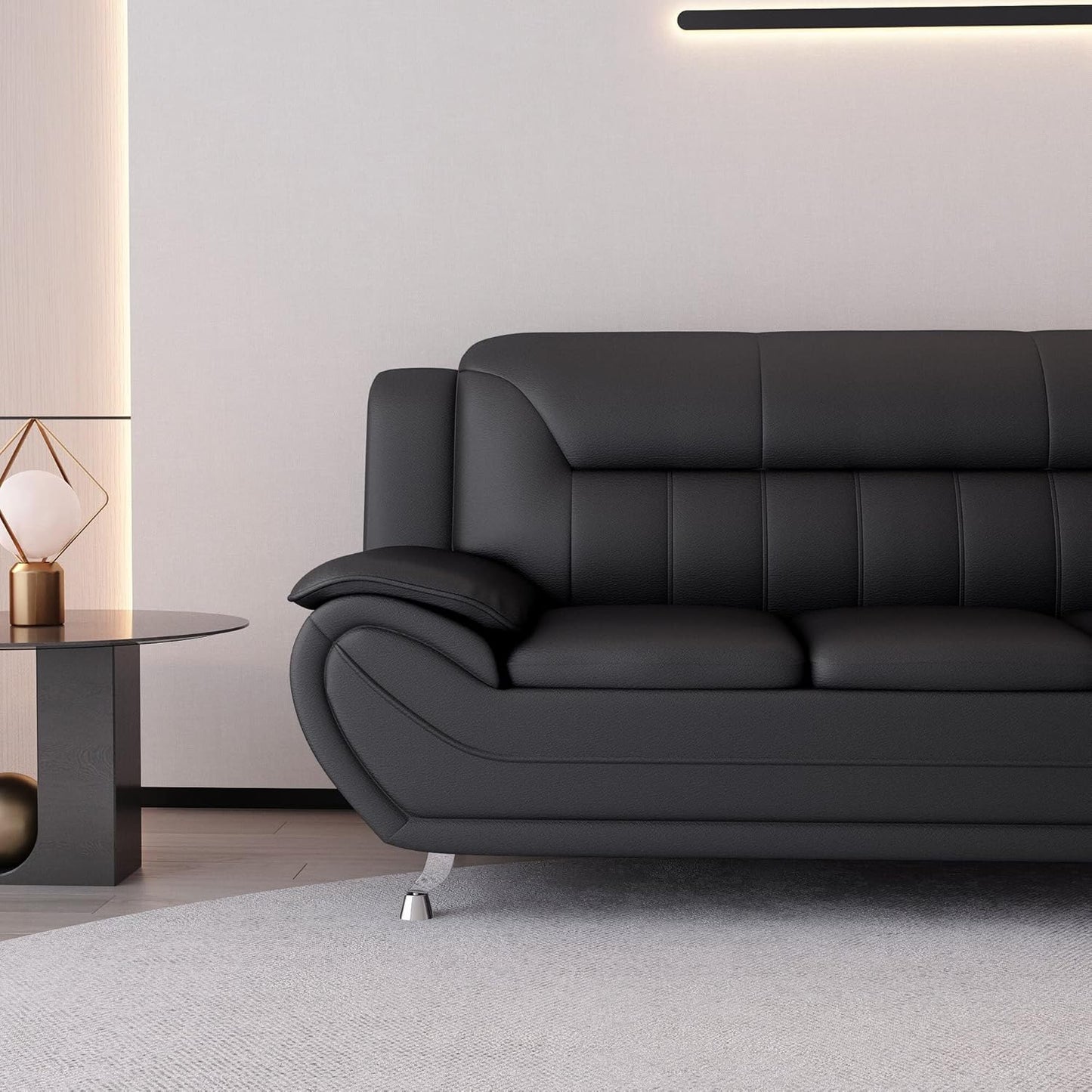 Container Furniture Direct Michael Modern Faux Leather Upholstered Stainless Steel Legs Living Room Sofa, Black