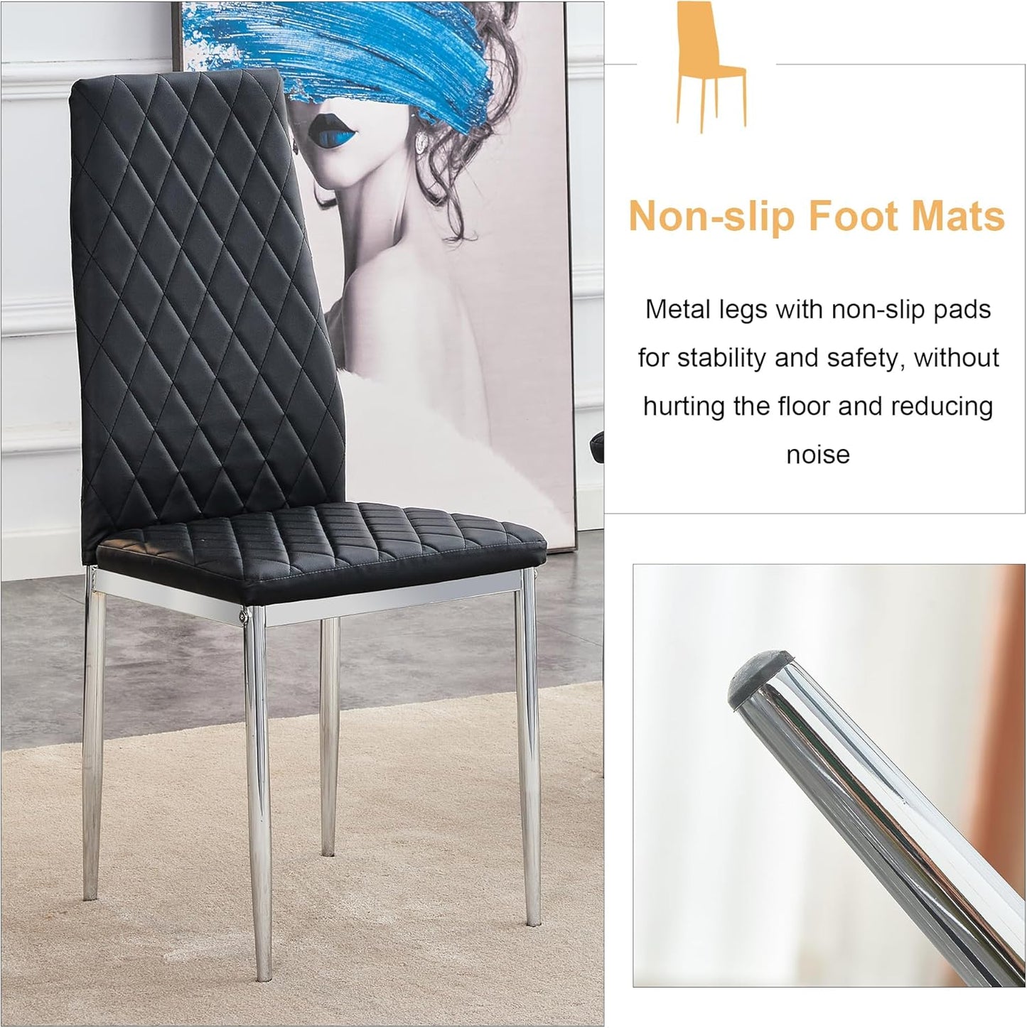 Modern Minimalist Dining Chair Fireproof Leather Sprayed Metal Pipe Diamond Grid Pattern Restaurant Home Conference Chair Set of 4 Or 6 (6, Jet Black)