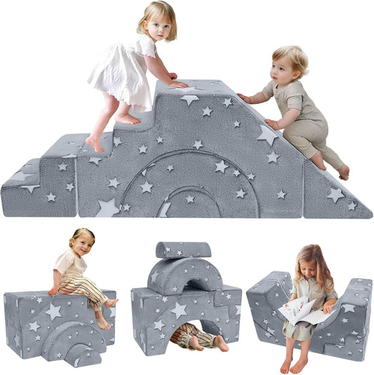 MeMoreCool Foam Climbing Toddler Couch, Modular Kids Sofa with Slide & Stair, Convertible Baby Couch for Playroom, Sectional Furniture for Crawling, Climbing, and Kids’ Play