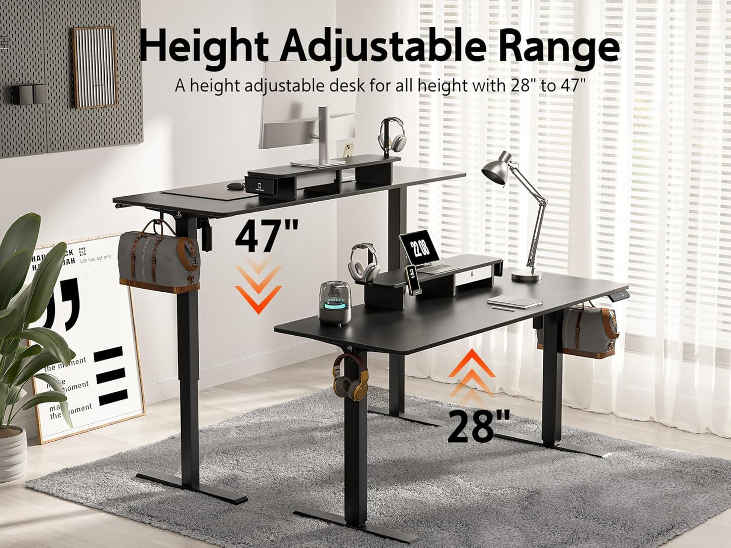55x24 Inches Electric Standing Desk With Drawer and Monitor Stand, Height Adjustable for Home Office, Ergonomic Sit to Stand With Phone Holder, 3 Hooks, Black