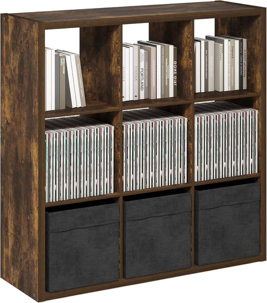Furinno Cubicle Open Back Decorative Cube Storage Organizer, 9-Cube, Amber Pine