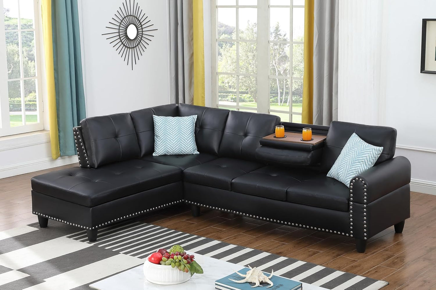 Ball & Cast 98" L Shaped Sectional Couch for Living Room with Chaise & Coffee Table,4 Seat Faux Leather Upholstered Modular Sectional Sofa Set 2 PCS W/Cup Holders & Nailhead Trim,for Home,Office,Black