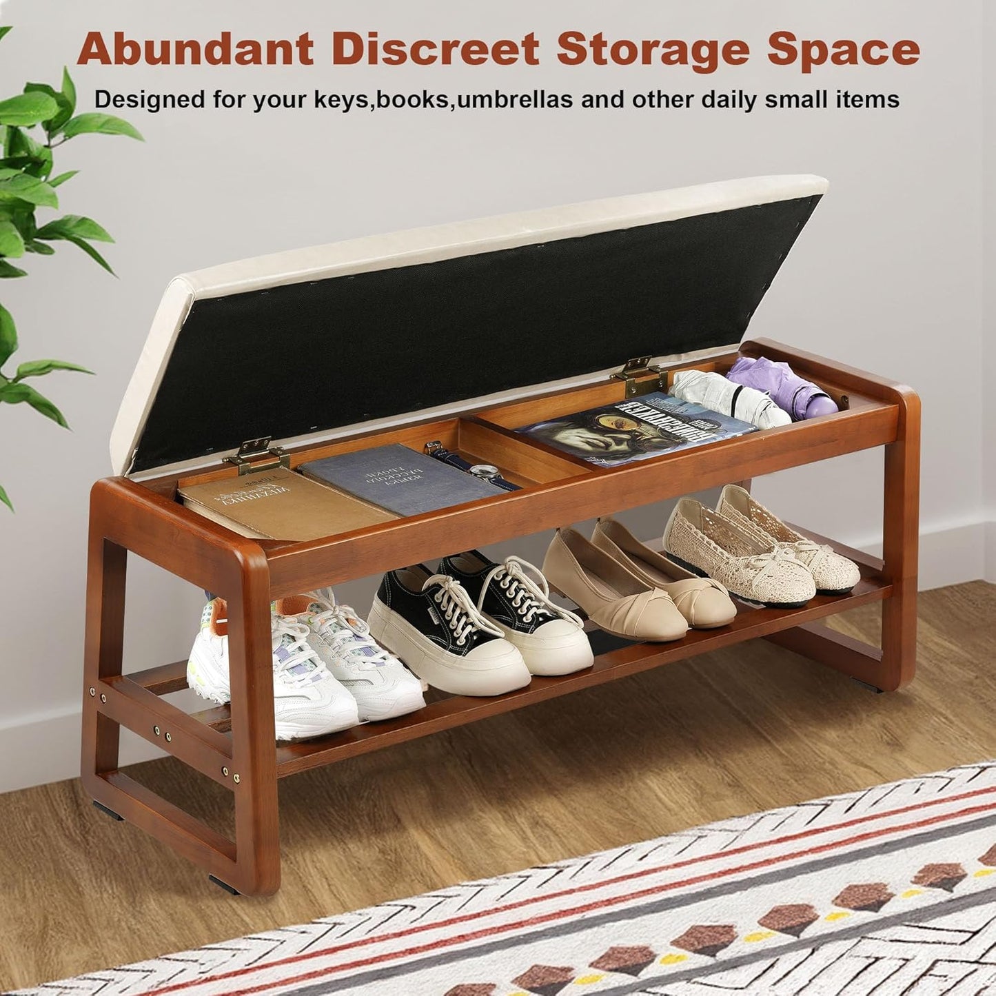 Shoe Bench Storage Rubberwood with Leather Cushion 31.5", Waterproof Easy to Clean 550LBS Organizer Shoe Rack for Entryway, Hallway, Mudroom, Front Door