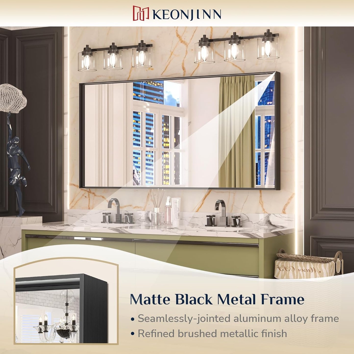 Keonjinn 48 x 24 Inch Black Bathroom Mirrors for Over Sink Bathroom Vanity Mirror for Wall Metal Frame Rectangle Mirror Large Square Corner Matte Black Mirror Full Length Mirror(Horizontal/Vertical)