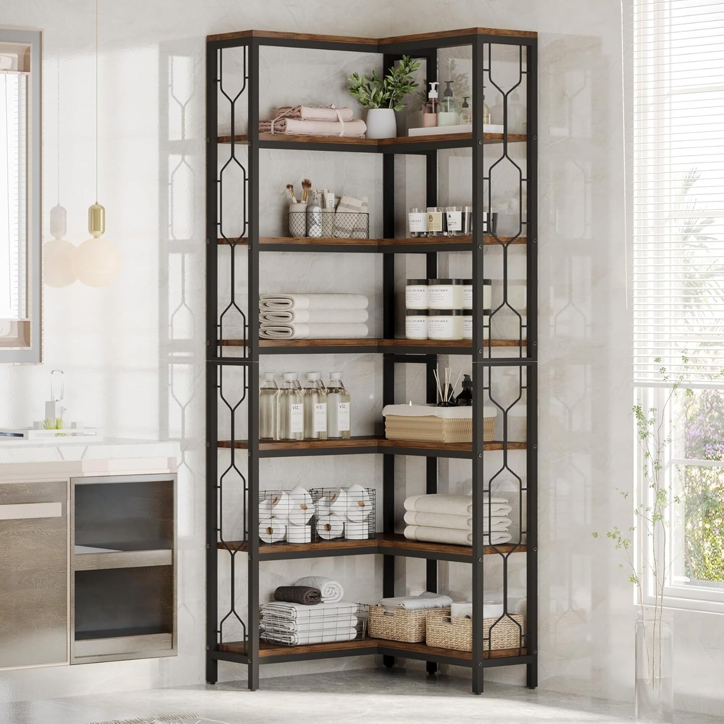 Tribesigns Corner Shelf, 7-Tier Industrial Corner Bookshelf, Wood and Metal Etagere Bookcase, Freestanding Display Shelf for Living Room, Kitchen, Home Office, Rustic Brown