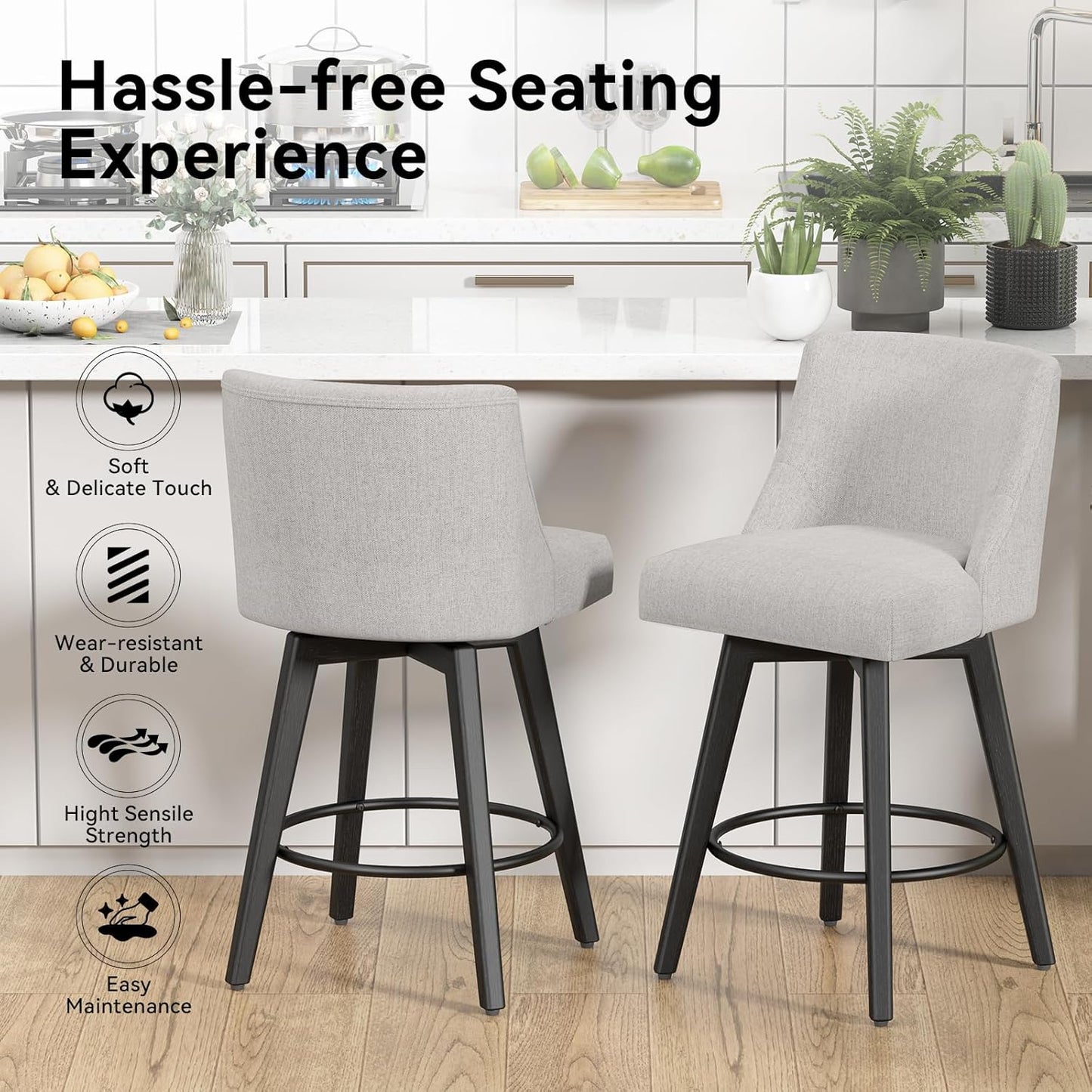 Counter Height Swivel Bar Stools Set of 2, 26 Inch Bar Stools with Footrest, Linen Fabric Upholstered Barstools with Back and Solid Wood Legs for Kitchen Island, Dining Room,Pub,Light Grey