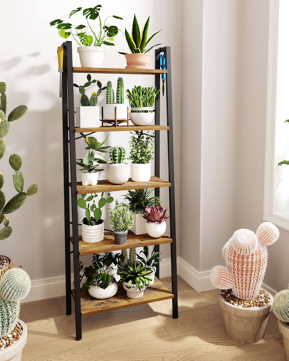 Ladder Shelf, Bookshelf Bookcase, Freestanding Corner Storage Shelve with 2 Hooks for Home Office, Living Room, Kitchen, Bedroom, Industrial, 5-Tier Rustic Brown BC19301B