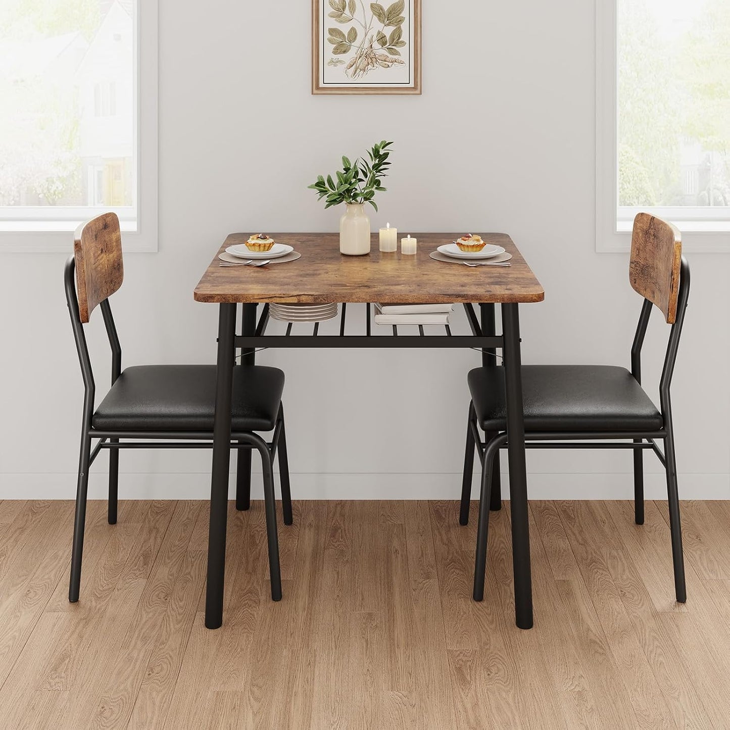 GarveeHome Dining Table for 2 with Storage Rack, Small Kitchen Table for 2 with Metal Frame, Square Table with Upholstered Chairs Set of 2, 3-Piece Dining Room Set for Small Space, Apartment, Brown