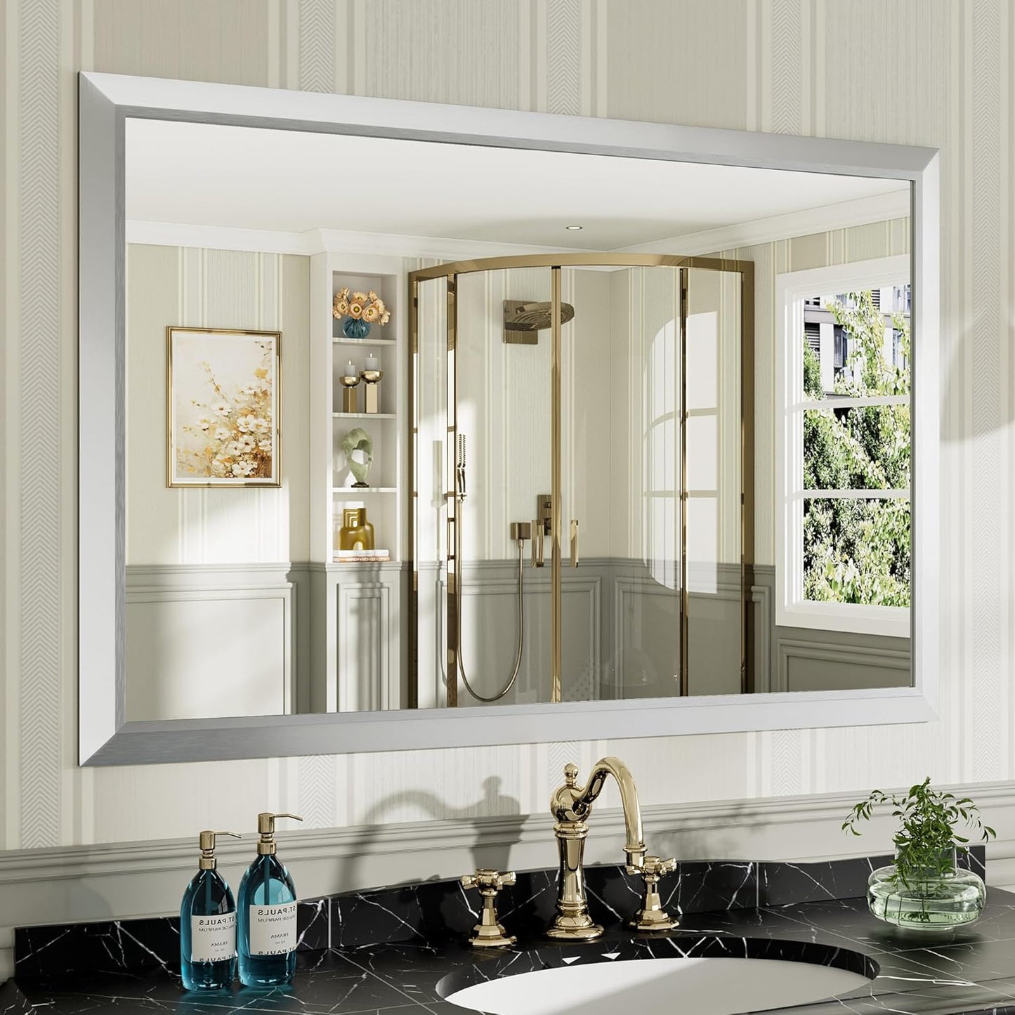 48x32 Inch Silver Bathroom Mirror for Wall, Thick Metal Framed Rectangle Mirrors for Over Sink, Bedroom, Living Room, Entryway, Anti-Rust, HD Tempered Glass