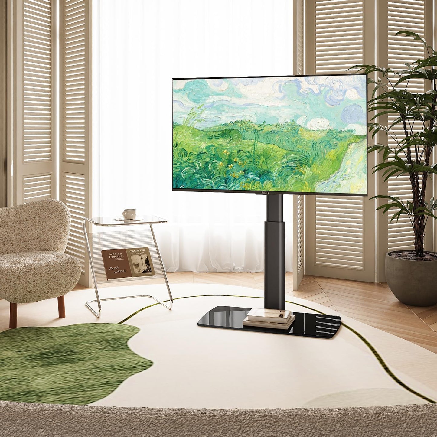 FITUEYES Universal TV Stand Mount for 43-80 85 inch TVs, Swivel Tall TV Mount Stand, Table Top TV Stand Base Replacement, Height Adjustable TV Table Stand, Glass Base, Max Holds 110lbs