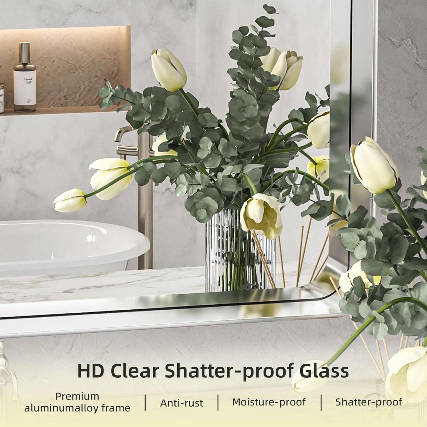 Hasipu Brushed Silver Bathroom Mirror 50x40 Inch Rounded Rectangle Vanity Mirror Metal Framed Wall Mirrors Anti-Rust Surface Mount (Horizontal/Vertical)