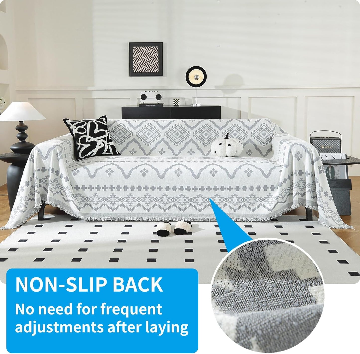 LUFEIJIASHI Boho Couch Covers for Sofa Non Slip Sofa Covers Washable Couch Covers for 3 Cushion Couch Sofa Pet Friendly Sectional Couch Cover Blanket Furniture Protector for Dogs (Grey, 91"x118")