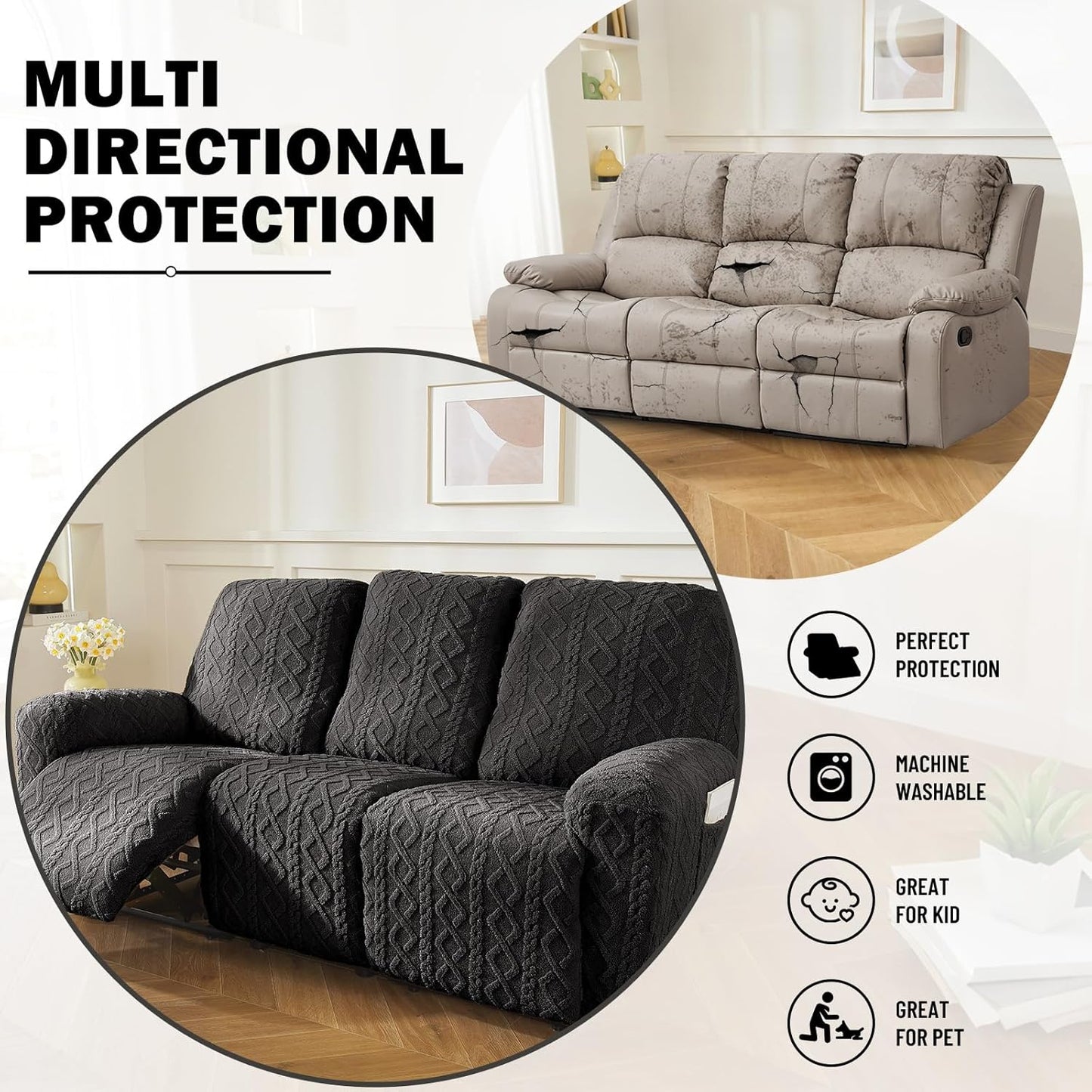 vctops 8 Pieces Geometric Jacquard Plush Recliner Sofa Covers Soft Fuzzy Fluffy 3 Seats Couch Cover Anti-Slip Sofa Slipcover Furniture Protector with Elastic Bottom for Kids Pet(Dark Grey,3 Seat)