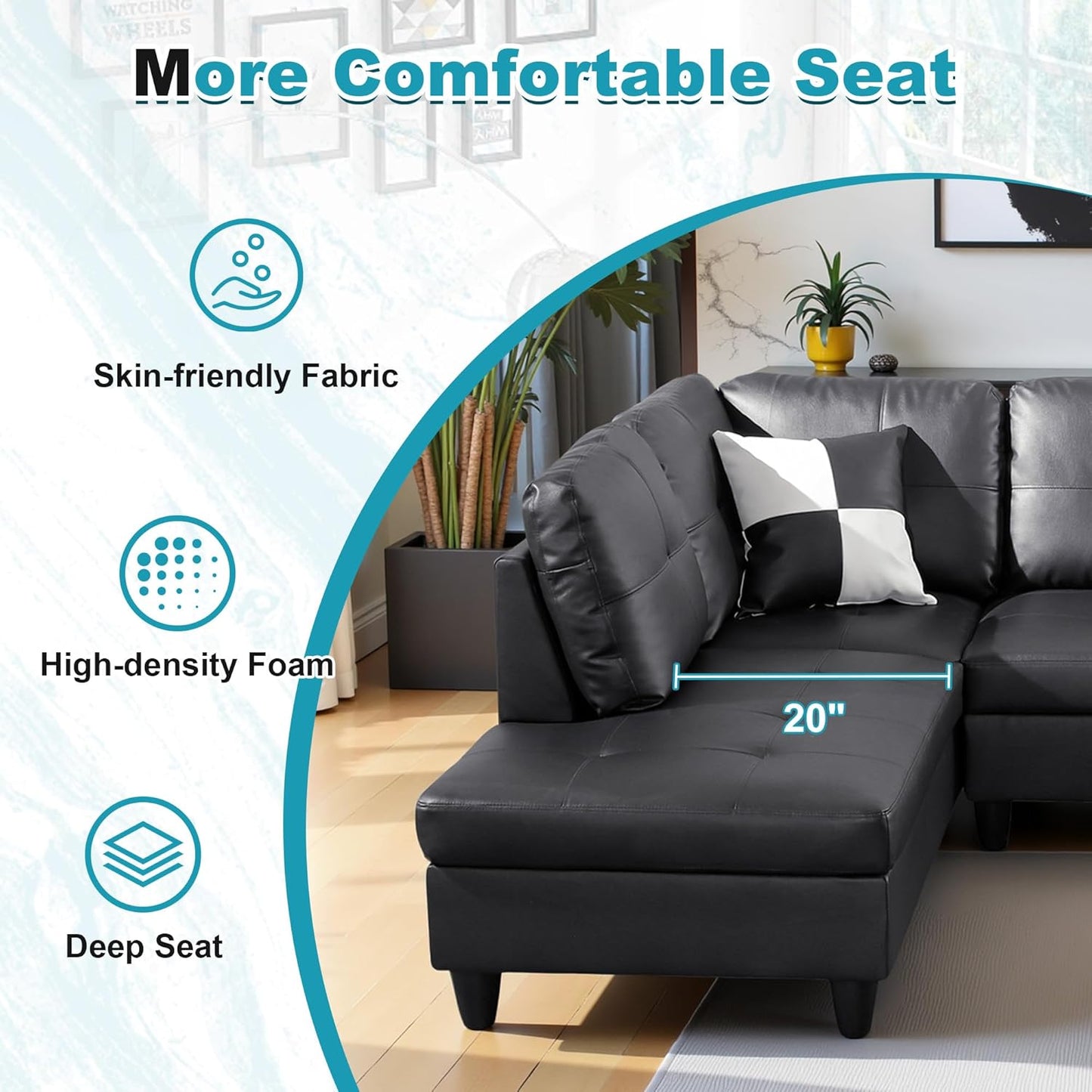 103.5" Oversized Sectional Couch, L Shaped Couch with Storage Ottoman, Modern Modular Sofa with Deep Seat, Sectional Couches for Living Room and Office, Jet Black (Faux Leather)