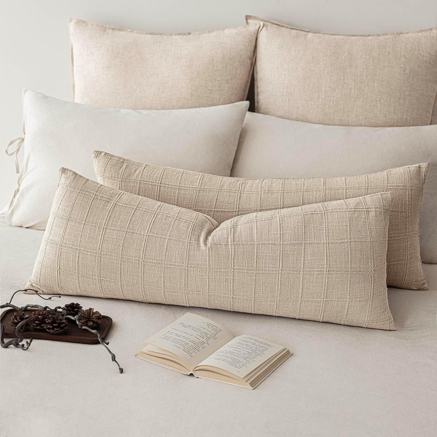 Foindtower Set of 2 Decorative Linen Check Throw Pillow Covers Neutral Long Body Lumbar Cushion Covers Farmhouse Vintage Home Decor for Sofa Chair Couch Bedroom Living Room,14×36 Inch,Natural Linen