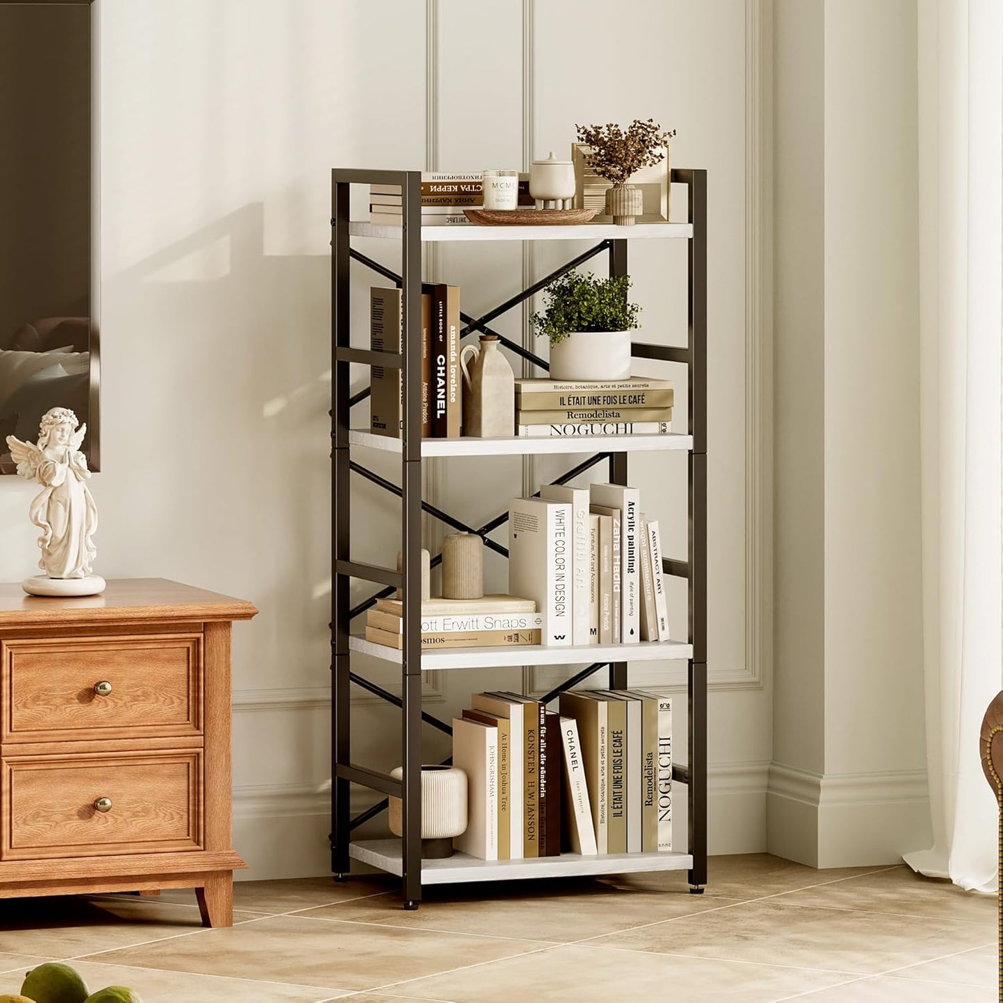 Homeiju 4 Tier Small White Metal Bookcase for CD/Movie/Book, Book Shelf Organization and Storage for Living Room, Kid's Room, and Home Furniture - 1018WH