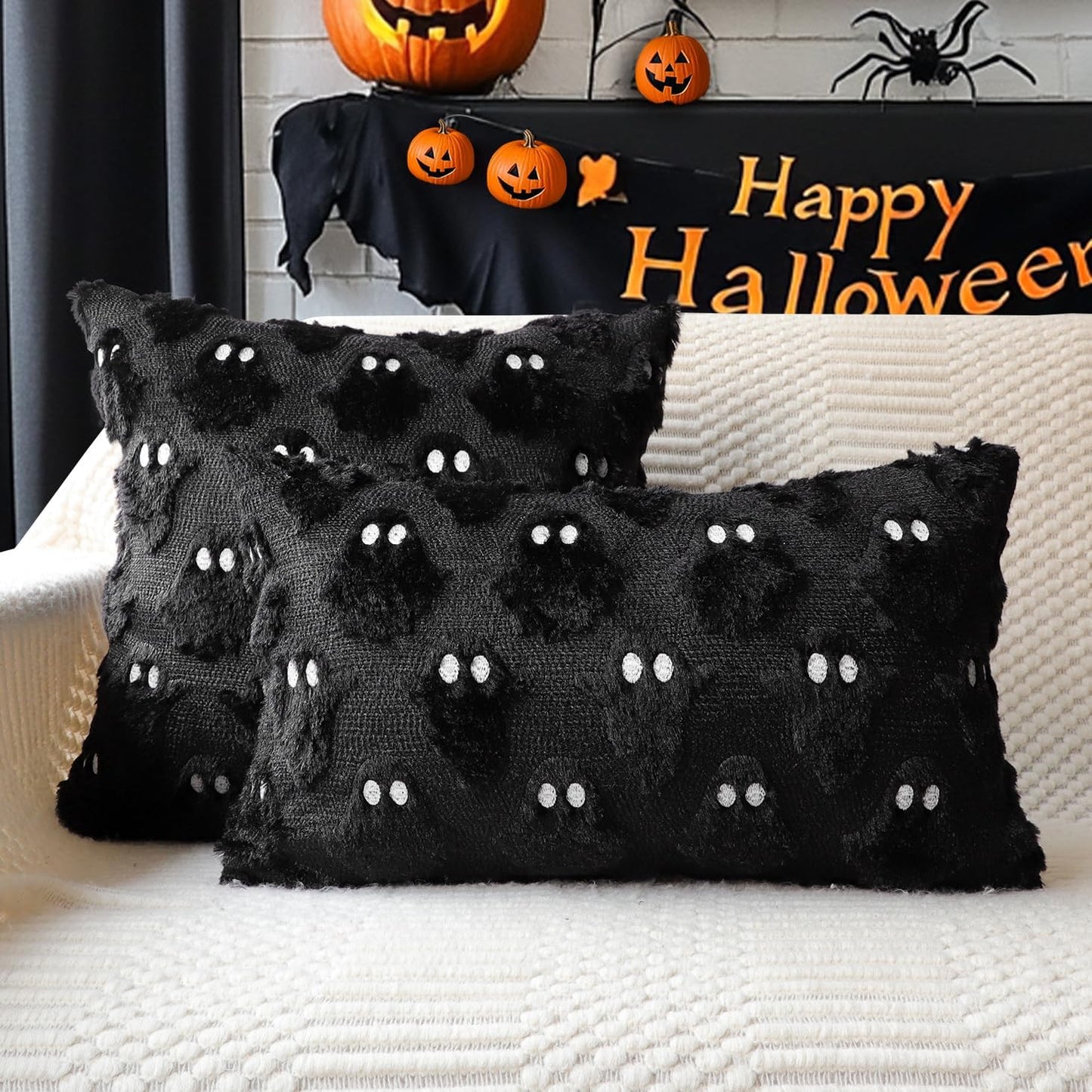 4TH Emotion Halloween Ghost Decorative Pillow Covers 16x16 Set of 2, Black Soft Plush Faux Fur Farmhouse Throw Cushion Cases for Fall Autumn Holiday Home Decorations