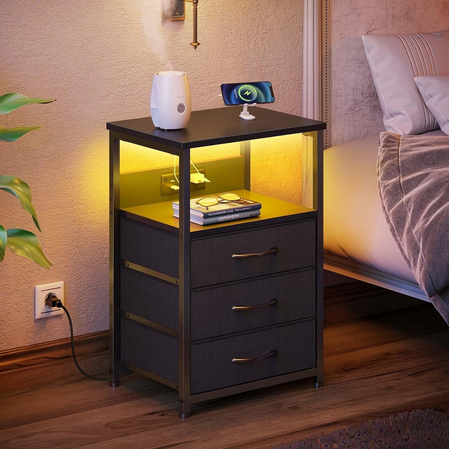 Seventable Nightstand with Charging Station and LED Light, Set of 2 Side Table with 3 Fabric Drawers, Bedside End Table with USB Ports and Outlets, Night Stand for Bedroom, Black