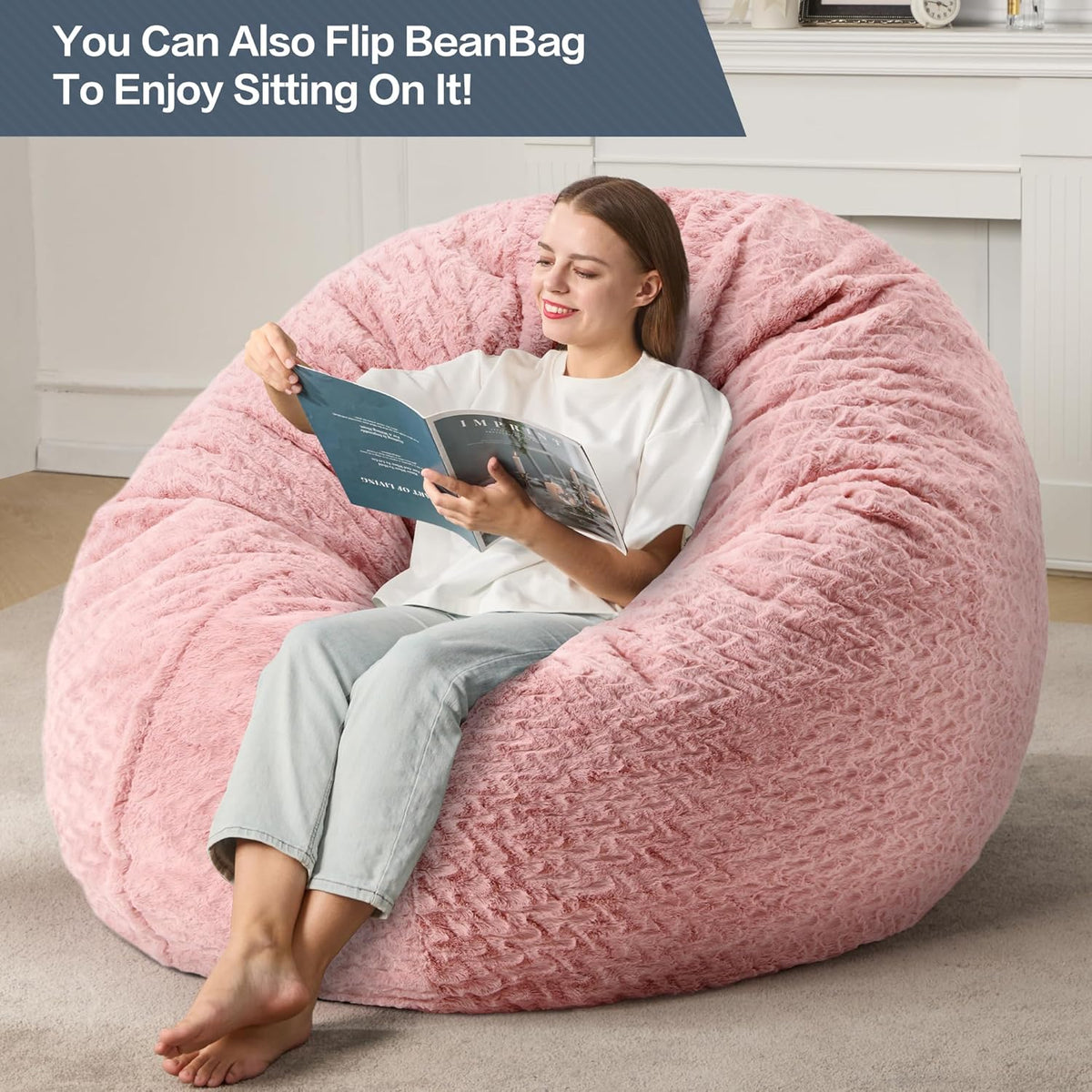 5ft Bean Bag Chairs for Adults Large Beanbag Chair with Chevron Plush Fur Cover Big Bean Bag Chair for Living Room Bedroom Dorm (Pink)