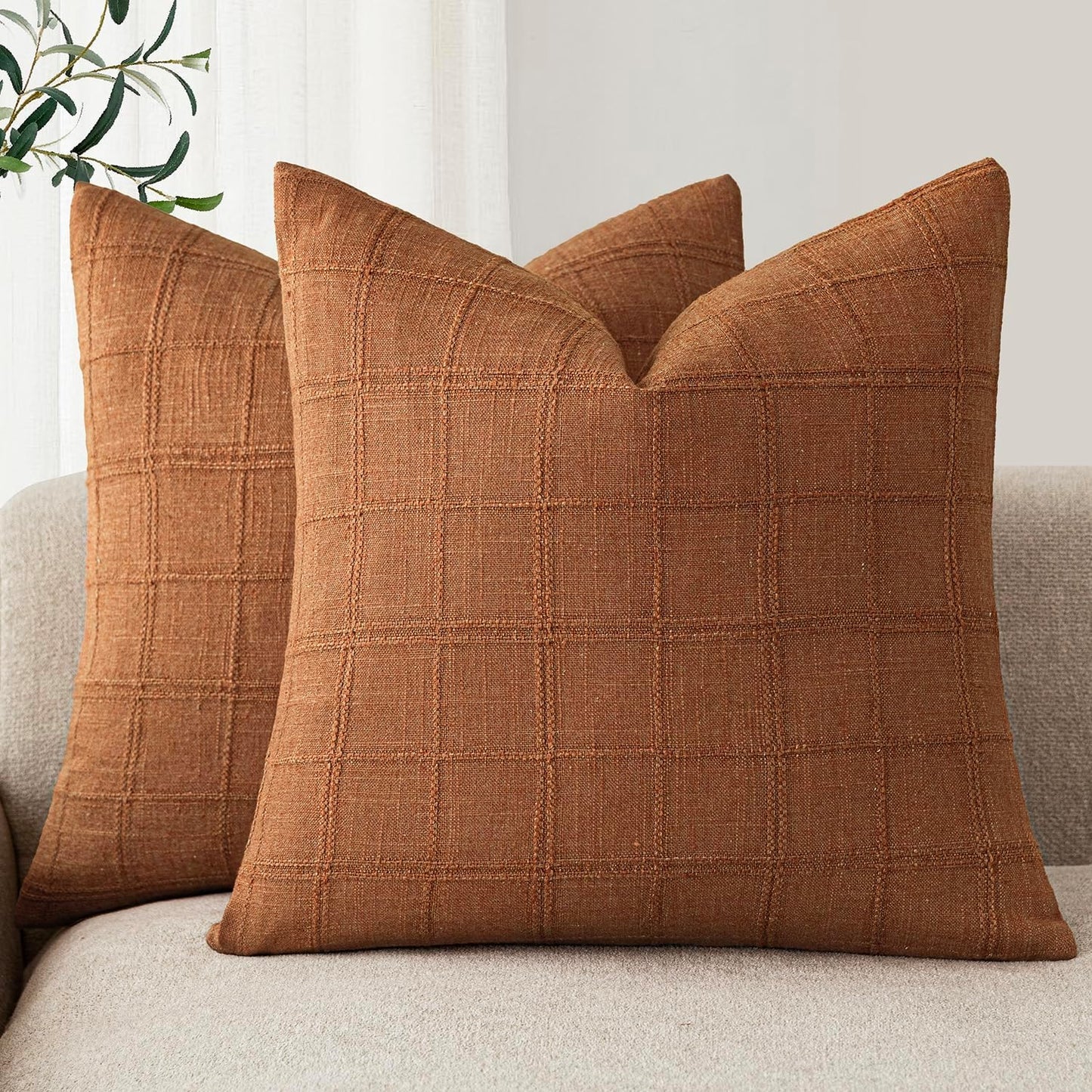 Foindtower Set of 2 Decorative Linen Check Throw Pillow Covers Neutral Farmhouse Vintage Cushion Covers Modern Boho Home Decor for Sofa Chair Couch Bedroom Living Room Outdoor,16×16 Inch,Orange