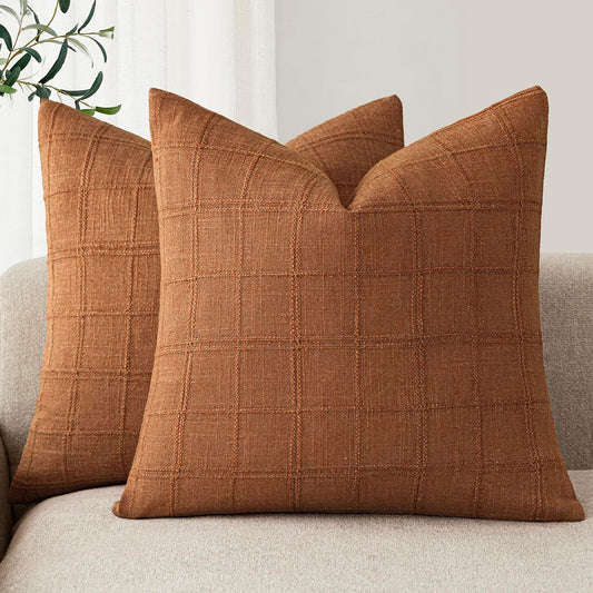 Foindtower Set of 2 Decorative Linen Check Throw Pillow Covers Neutral Farmhouse Vintage Cushion Covers Modern Boho Home Decor for Sofa Chair Couch Bedroom Living Room Outdoor,20×20 Inch,Orange