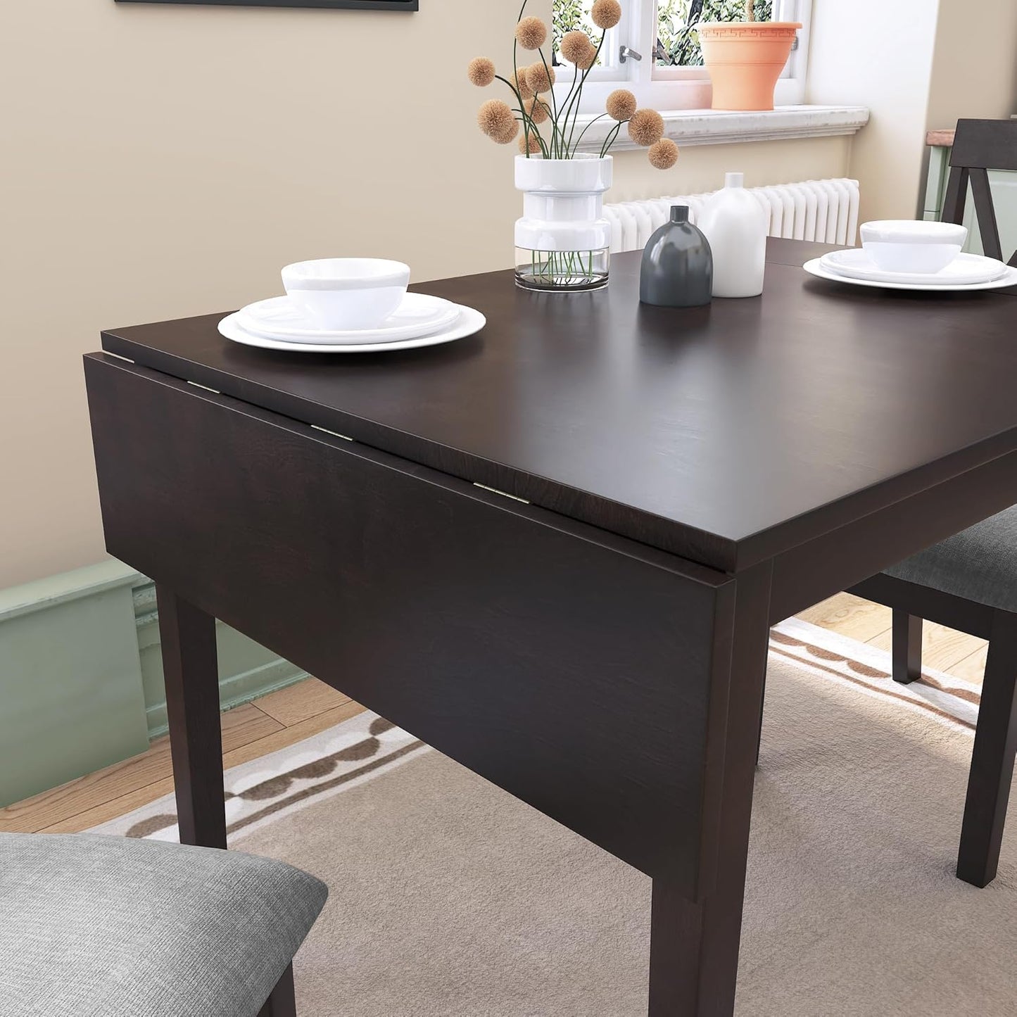 Merax Farmhouse Wooden Dining Set of 3, 45.6 inch Extendable Kitchen Table with Drop Leaf, 2 Chairs with Backrest for Small Space, Easy Assemble Espresso