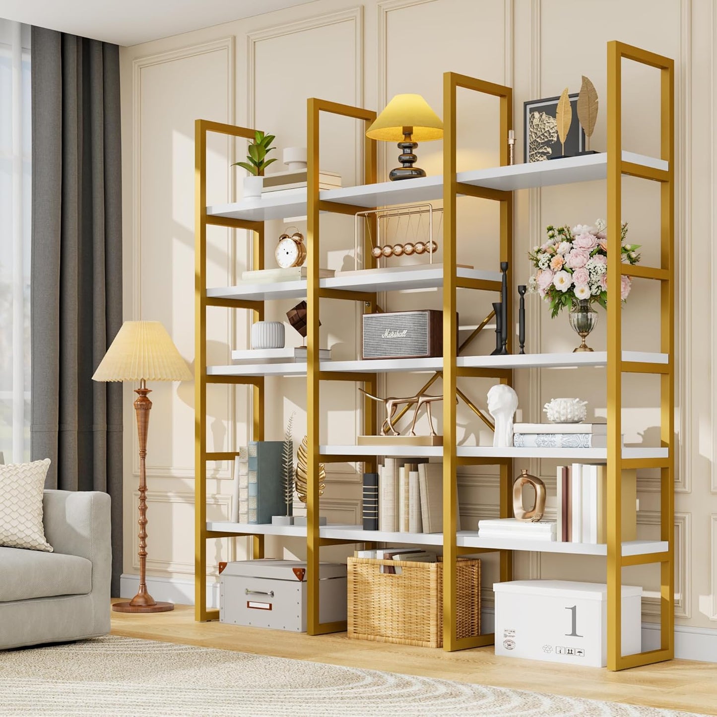 Semoic Large Bookshelf 5 Tiers, Triple Wide Geometric Bookcase, 71 Inches Tall Industrial Book Shelves Etagere Book Case, Sturdy Metal Frame, Freestanding Display Shelving Unit (Gold and White)
