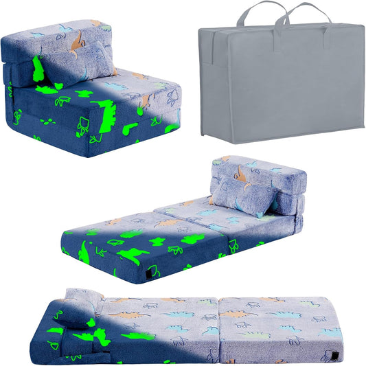 Folding Sofa Bed Floor Mattress for Kids With Pillow - Toddler Glow Washable Nap Mat for Sleeping, Child Fold Up Futon Chair Bed With Storage Bag for Girls Boys
