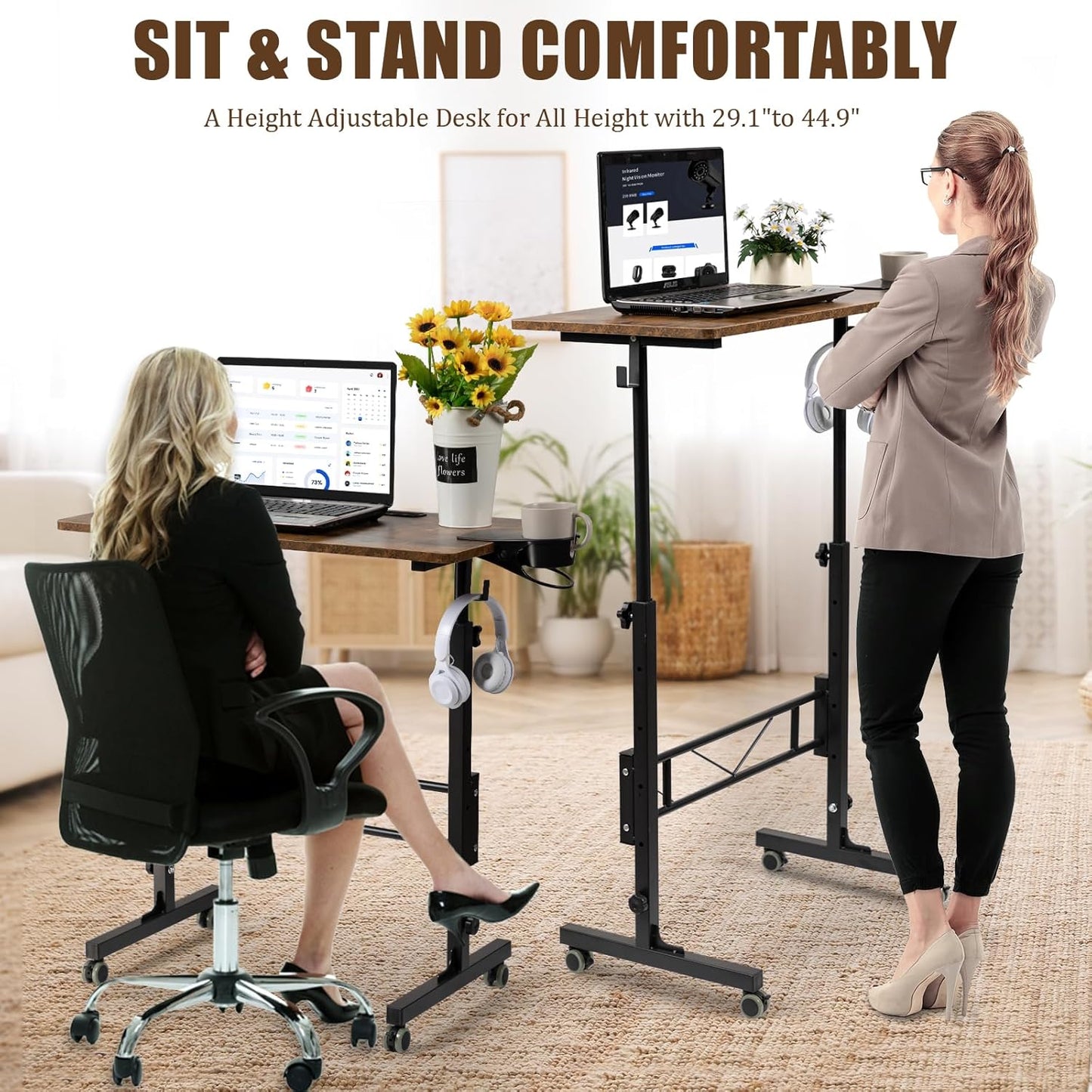 SIDUCAL Standing Desk Adjustable Height, Small Mobile Stand Up Desk with Wheels, Portable Computer Desk for Walking Pad, Rolling Table for Home Office Classroom, Rustic Brown