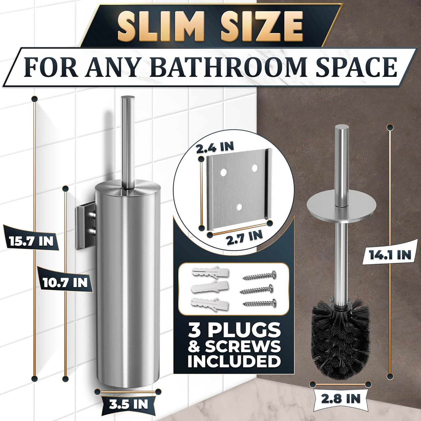 Silver Modern Toilet Brush and Holder Set with Wall Mount - Stainless Steel Toilet Brush with Holder - Removable Inner Bowl, Shiny Design, Splash Protection & Dense Bristles for Bathroom Cleaning