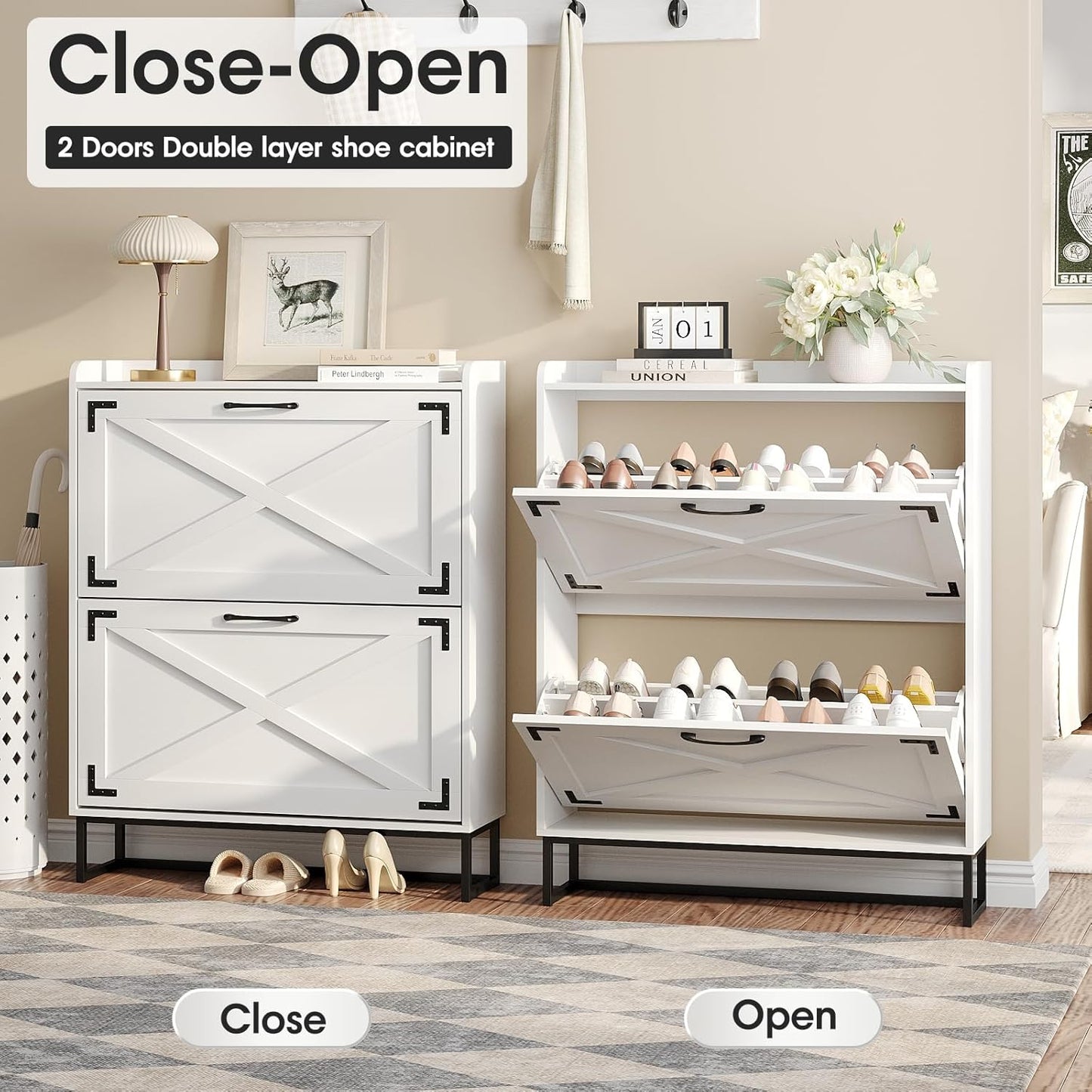 Maupvit Shoe Storage Cabinet with 2 Flip Drawers, Freestanding Organizer with Metal Legs for Entryway, Narrow Shoe Rack Cabinet, Black White