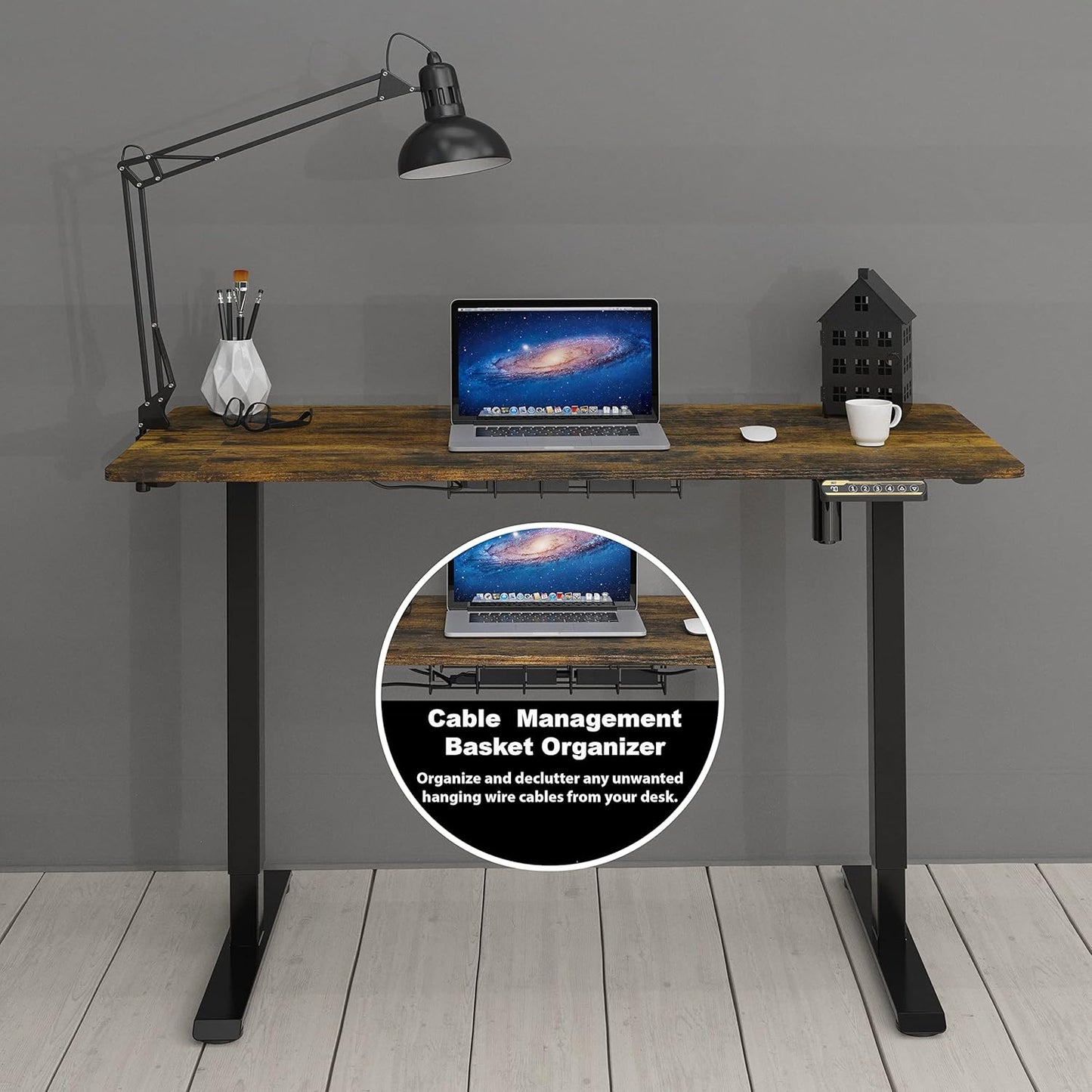 SHW 48-Inch Electric Height Adjustable Sit to Stand Desk with Hanging Hooks and Cable Management, Black Frame and Rustic Brown Top