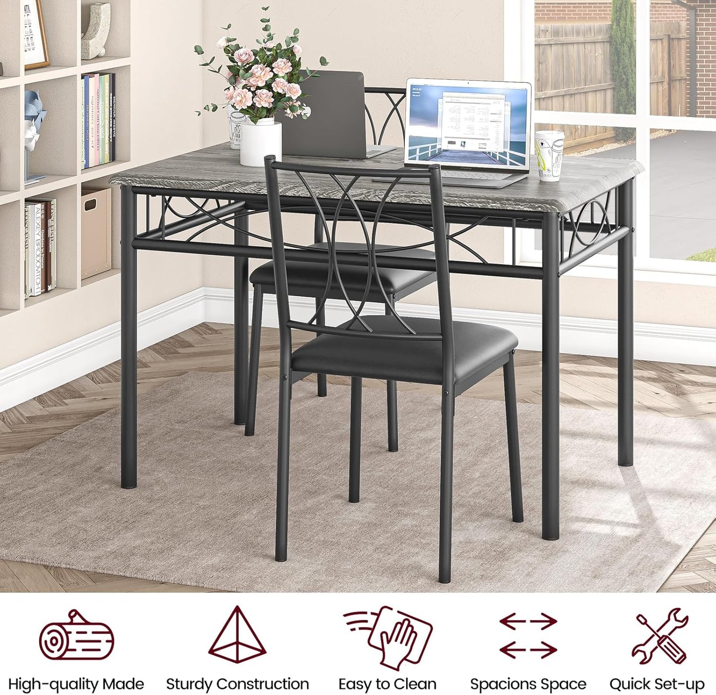 GAOMON Dining Table Set for 4, Rectangle Kitchen Table with 4 Upholstered Chairs Set for 4, 5-Piece Compact Apartment Kitchen & Dining Room Set Furniture for Small Spaces, Space-Saving, Rustic Gray