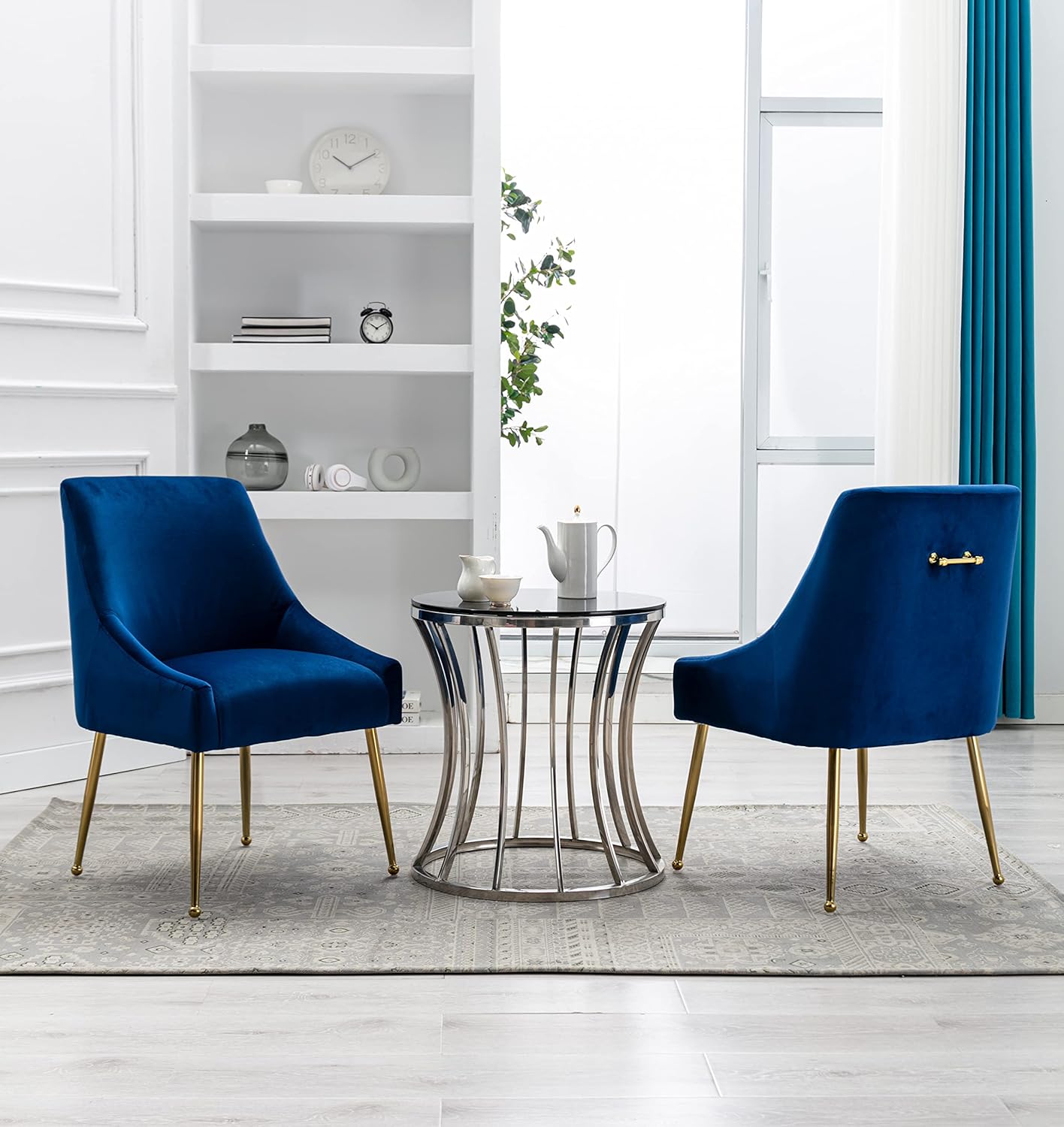 Velvet Dining Chairs, Furniture Collection Modern Contemporary Upholstered with Polished Gold Metal Legs, Set of 4(Blue)