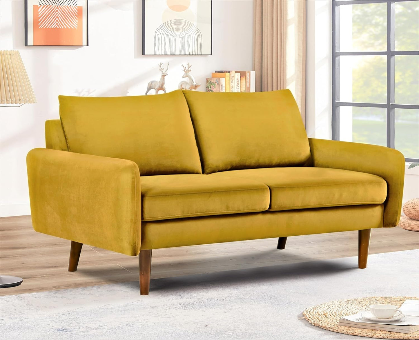 Container Furniture Direct Kent Velvet Loveseat Sofa for Modern Living Rooms and Compact Spaces, Comfy 2 Seater Couch Studio Apartment Furniture with Sleek Design, Greenish Yellow