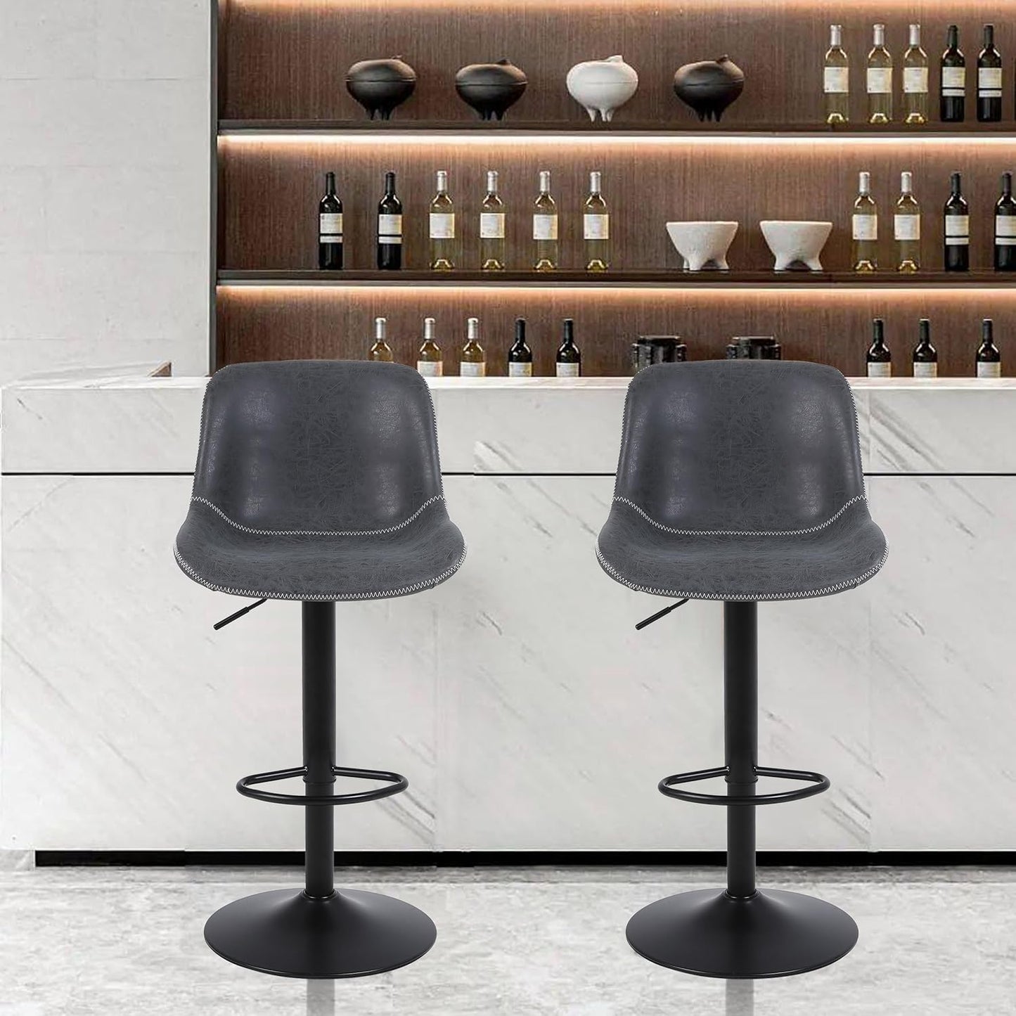 Bar Stools, Swivel Counter Height Barstools with Back, Adjustable Modern Bar Chairs, Tall Armless PU Leather Kitchen Island Stool (Black 02, Set of 4)