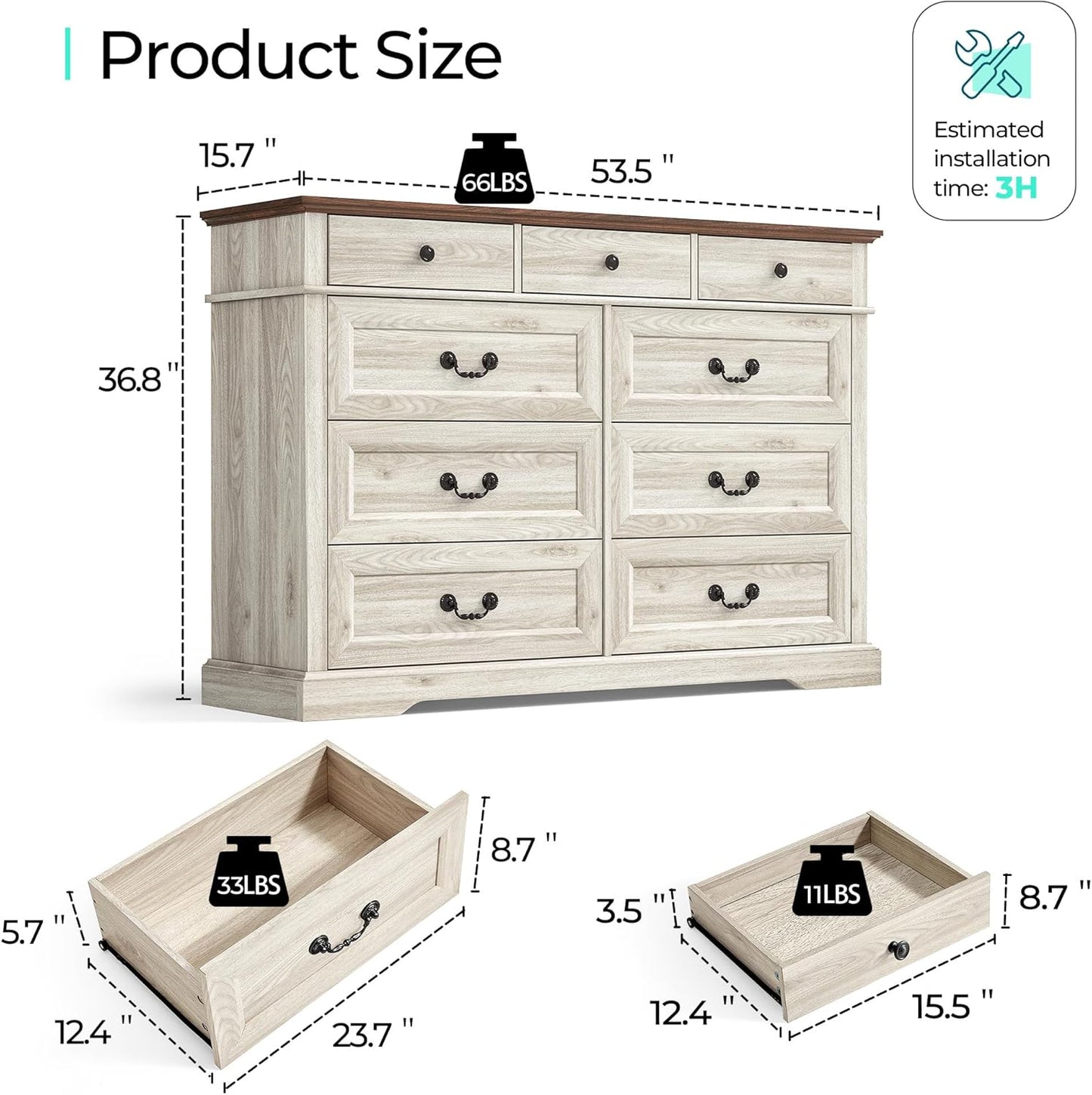 LINSY HOME 9 Drawers Dresser for Bedroom, 54" Wide Wooden Storage Chest with Antique Handles, Modern Farmhouse Large Dresser TV Stand, Chest of Drawers for Closet, Living Room, Hallway, Beige