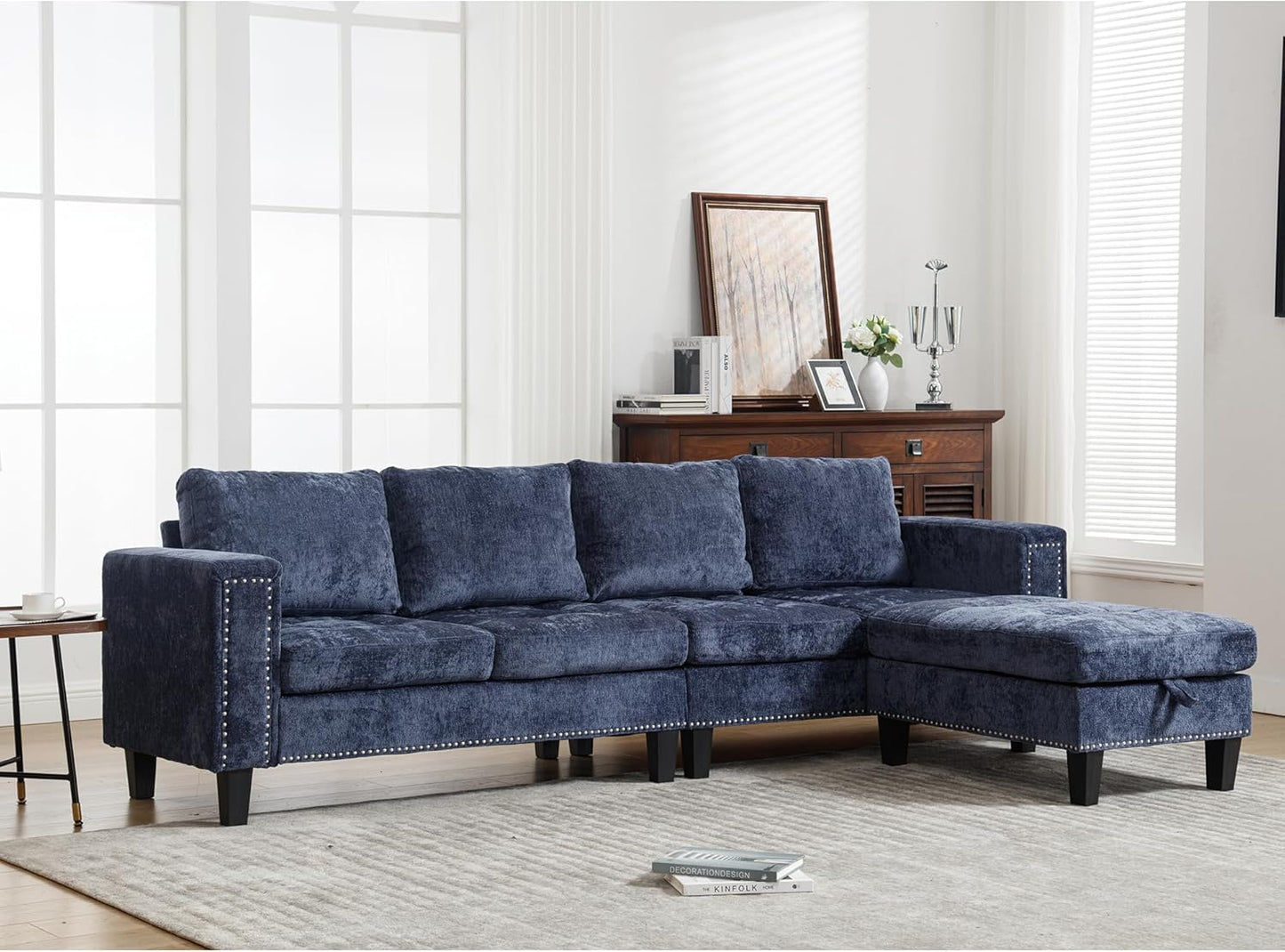 Ball & Cast 104.5" L Shaped Sectional Couch with Storage Ottoman, Chenille Upholstered 5 Seat Modular Sofa with Reversible Chaise for Living Room, Easy Assembly, Blue