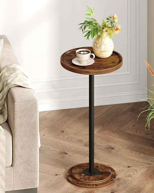 Small Round Side Table, Drink Table for Small Spaces, Pedestal Cocktail Table, Thickened Base, for Living Room, Bedroom, Office, Rustic Brown and Black TBZ30BF