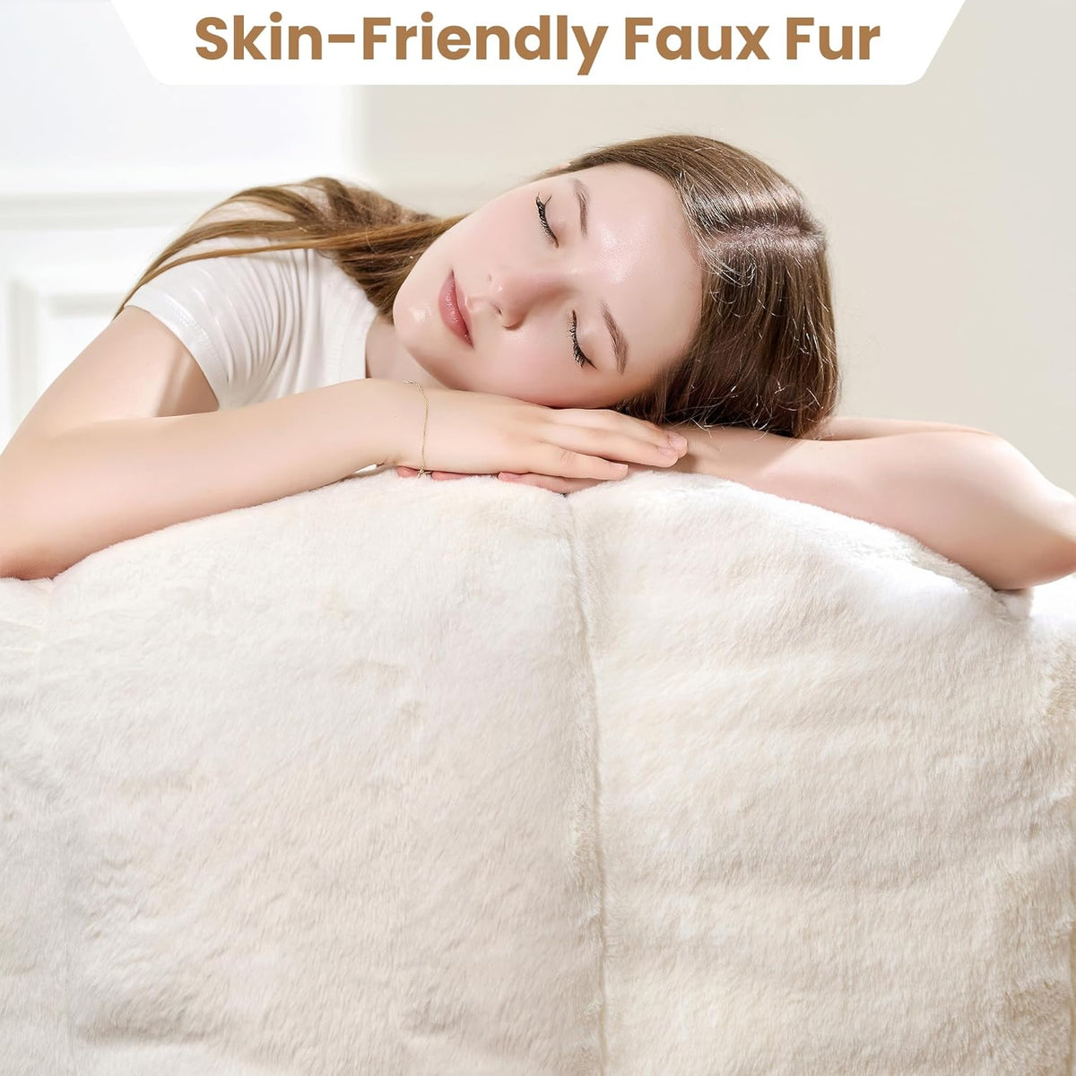 Bean Bag Chairs for Adults, Faux Fur Reading Chair with Petal Arm Rest Fluffy Comfy Chair for Bedroom, Living Room, Dorm, Game - White, Large, Low Support