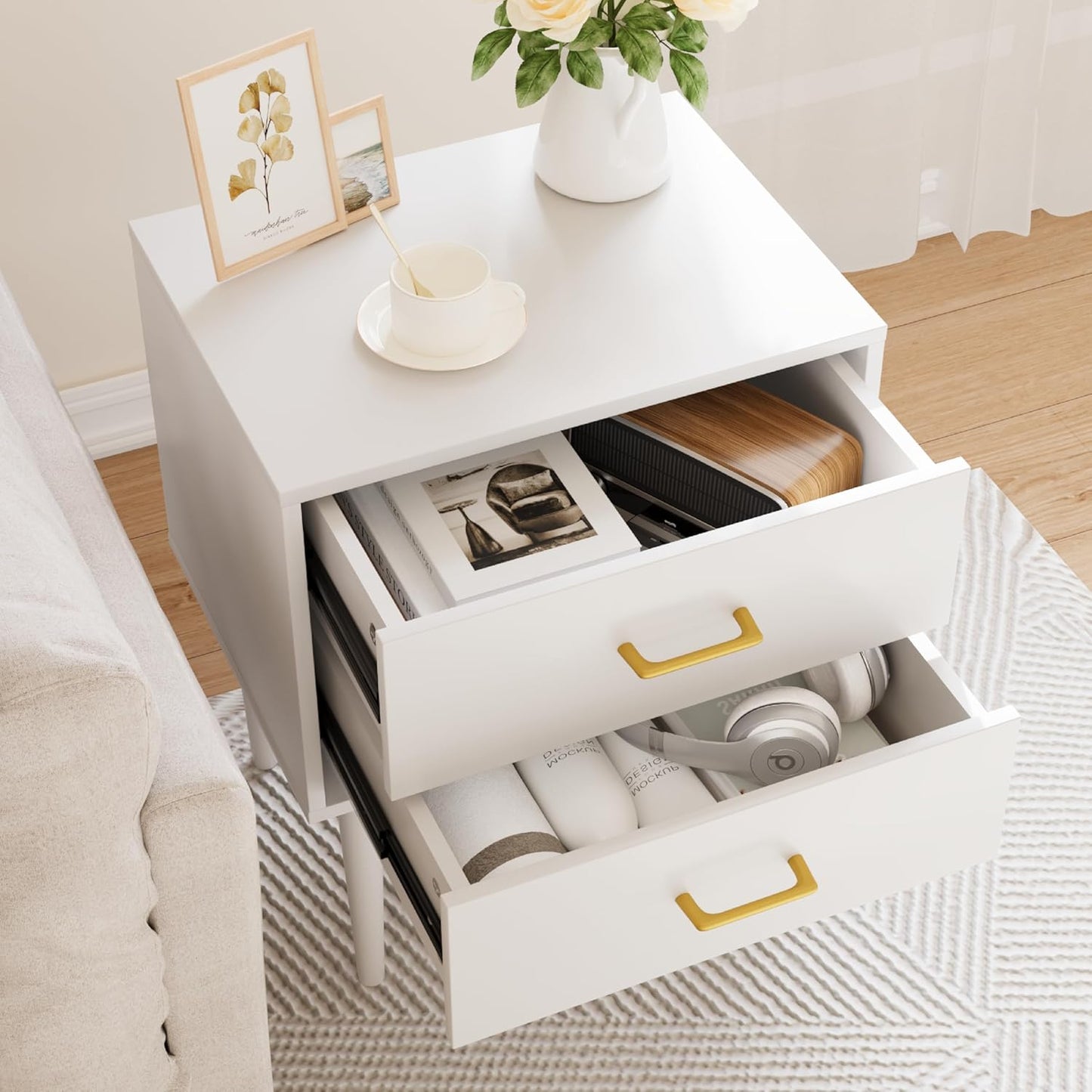 26 H White Nightstand with 2 Drawers, Small Night Stand with Gold Handles, Bedside Table with Solid Wood Legs, Tall Nightstands for Bedroom