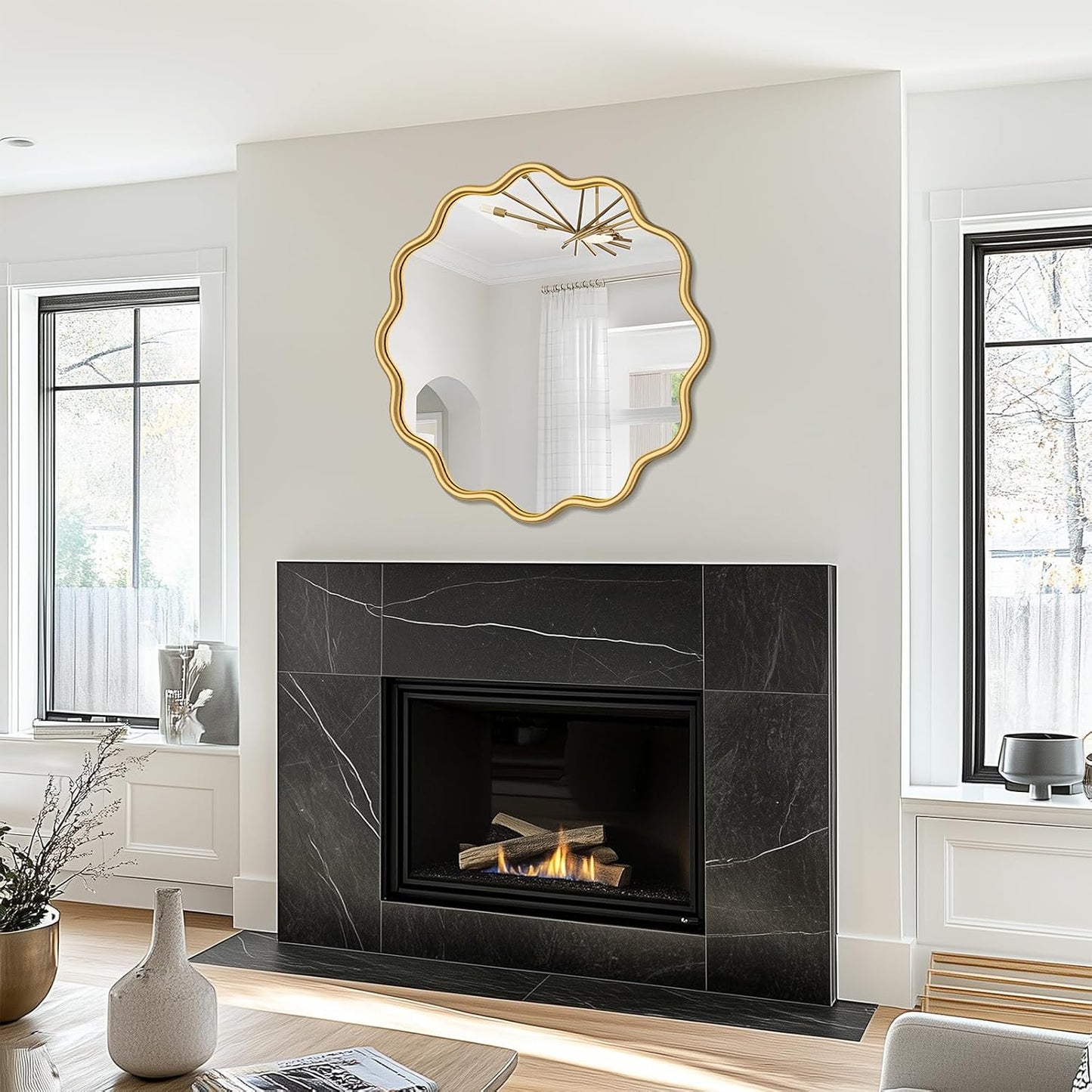 PROHOMEWARE Gold Round Mirror 30 Inch Wavy Bathroom Vanity Mirror Gold Frame Modern Wall Mirror Decorative Wall-Mounte Anti-Rust, Tempered Glass