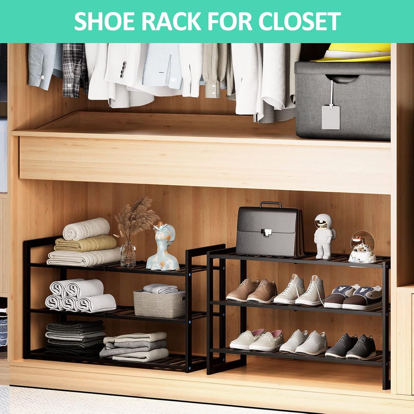 Bamboo Shoe Rack for Entryway, Stackable 3 Tier Shoe Organizer Shelf Storage 9-12 Pairs Shoes Stand Cubby for Closet Door Hallway Bedroom Garage Black, Thanksgiving