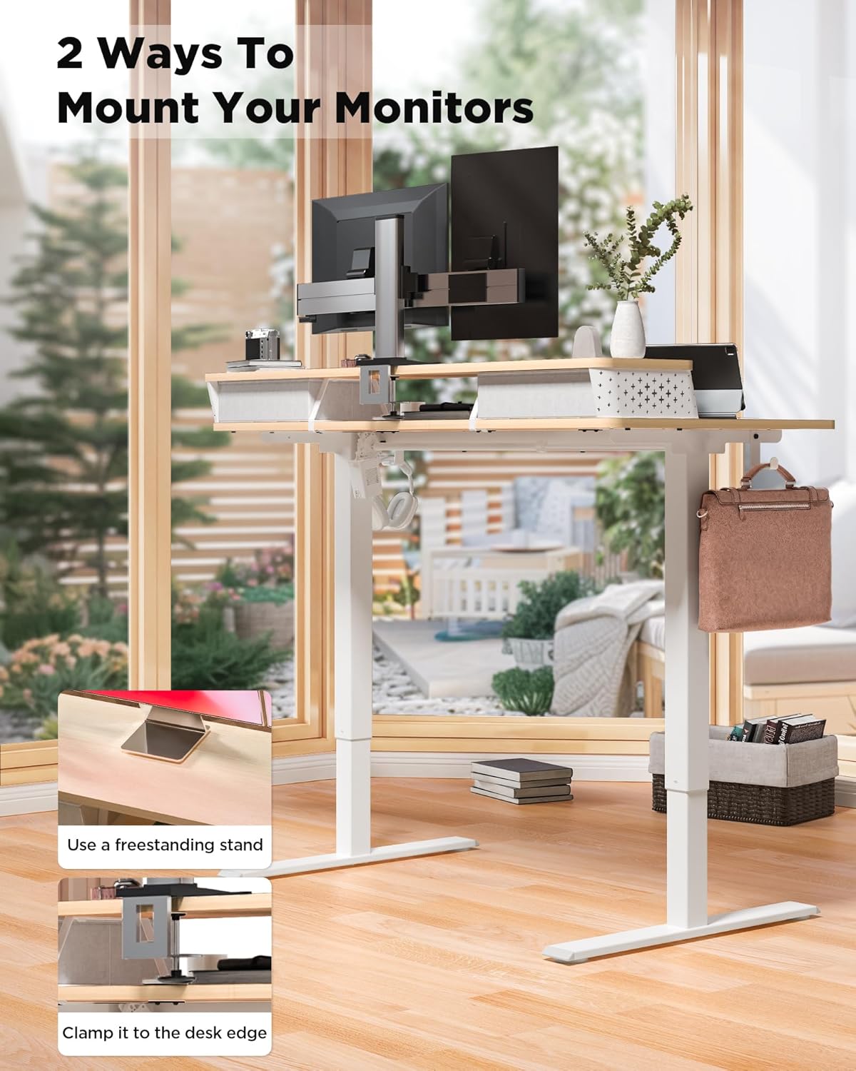 40x24 Inch Standing Desk with Double Drawers, C-Clamp Mount Compatible, Electric Adjustable Height Computer Stand Up Desks, Home Office Sit Stand Table with 3 Preset Heights & 2 Hooks, Natural